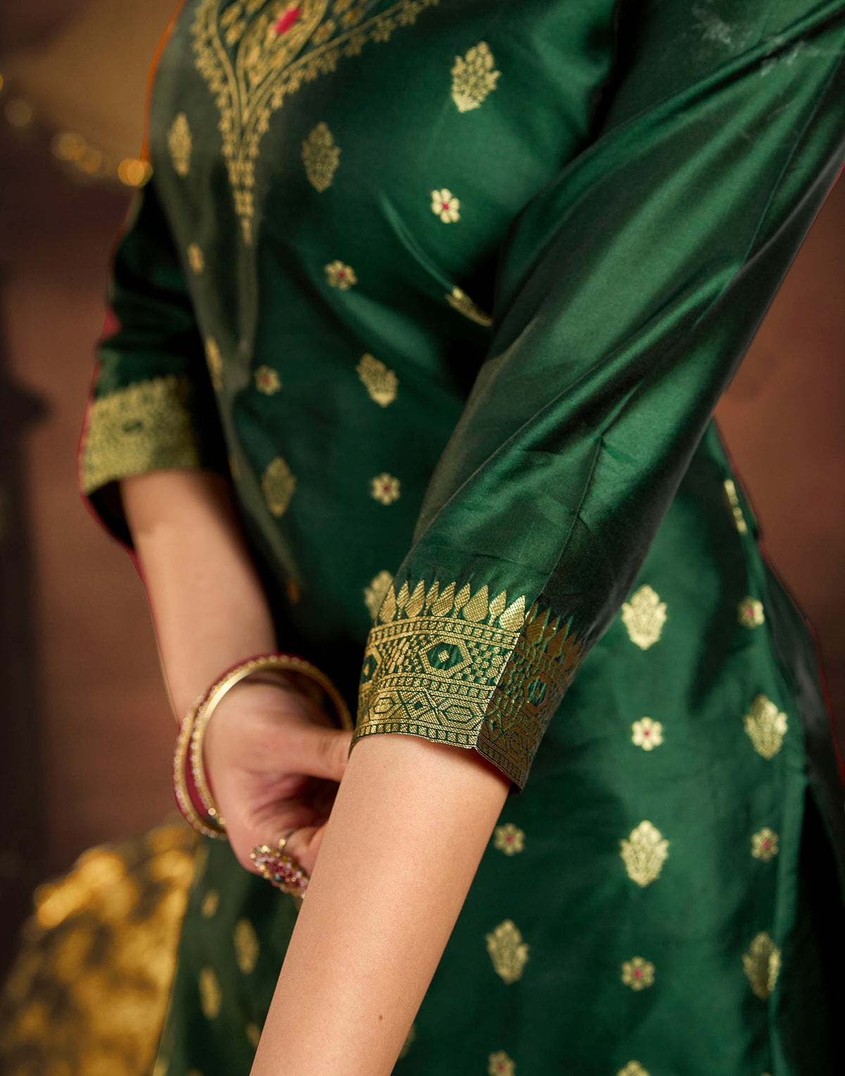 Dark Green Art Silk Woven Straight Kurta Set With Dupatta