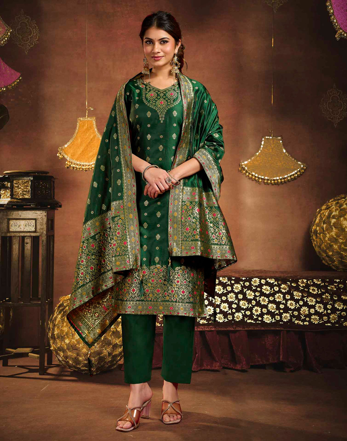 Dark Green Art Silk Woven Straight Kurta Set With Dupatta