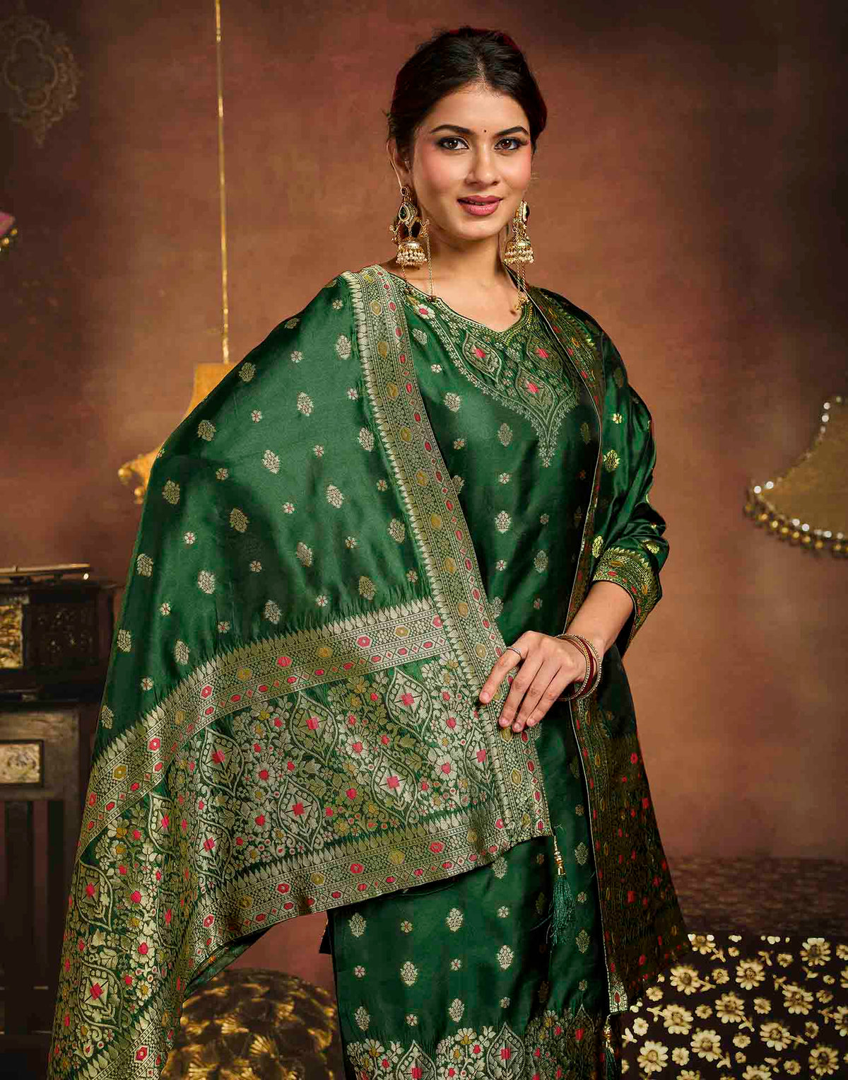 Dark Green Art Silk Woven Straight Kurta Set With Dupatta