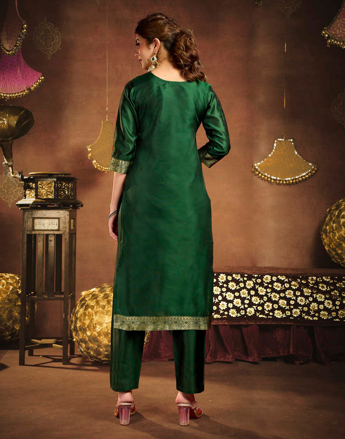 Dark Green Art Silk Woven Straight Kurta Set With Dupatta