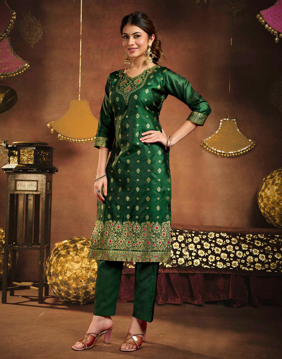 Dark Green Art Silk Woven Straight Kurta Set With Dupatta