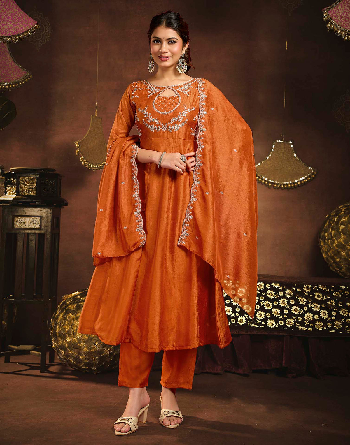 Rust Orange Vichitra Silk Embroidery A-Line Kurta Set With Dupatta