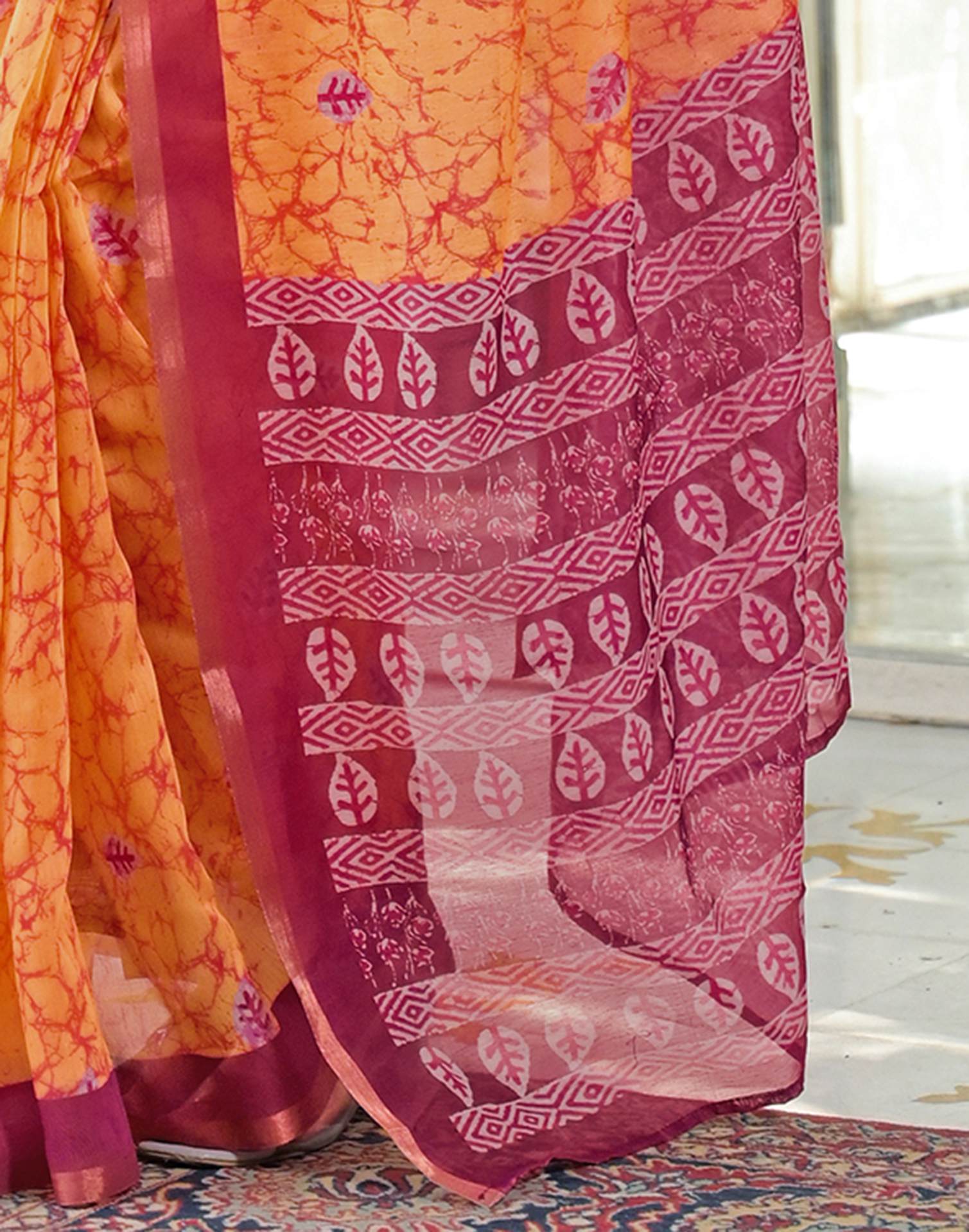 Ready To Wear Orange Cotton Linen Printed Saree