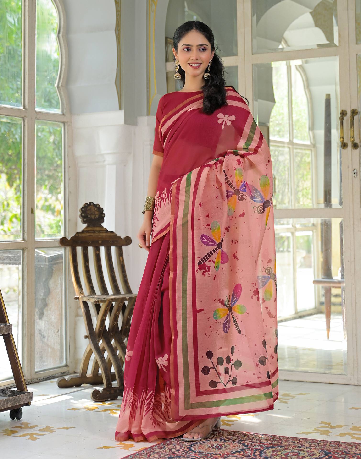 Ready To Wear Red Cotton Linen Printed Saree