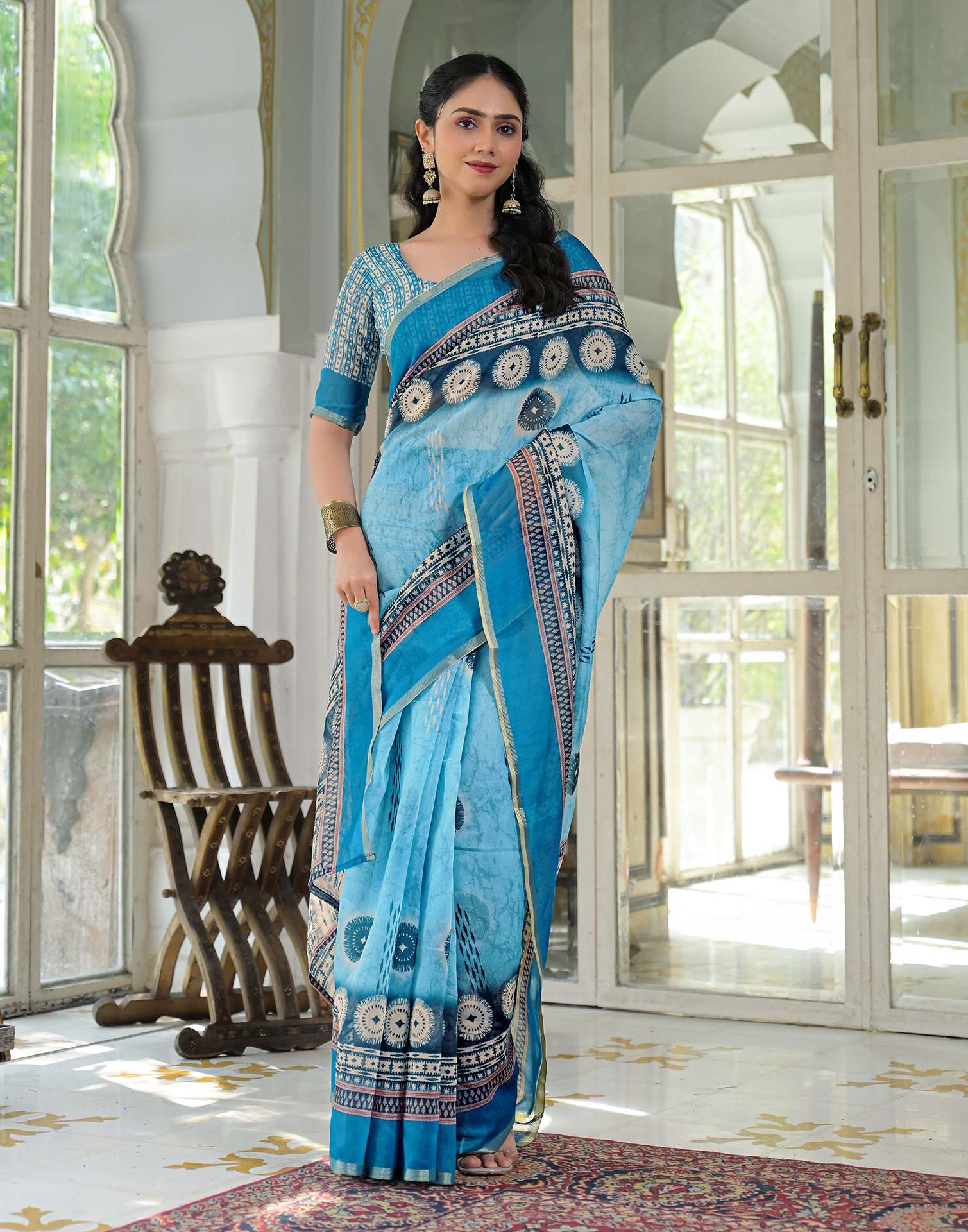 Ready To Wear Sky Blue Cotton Linen Printed Saree