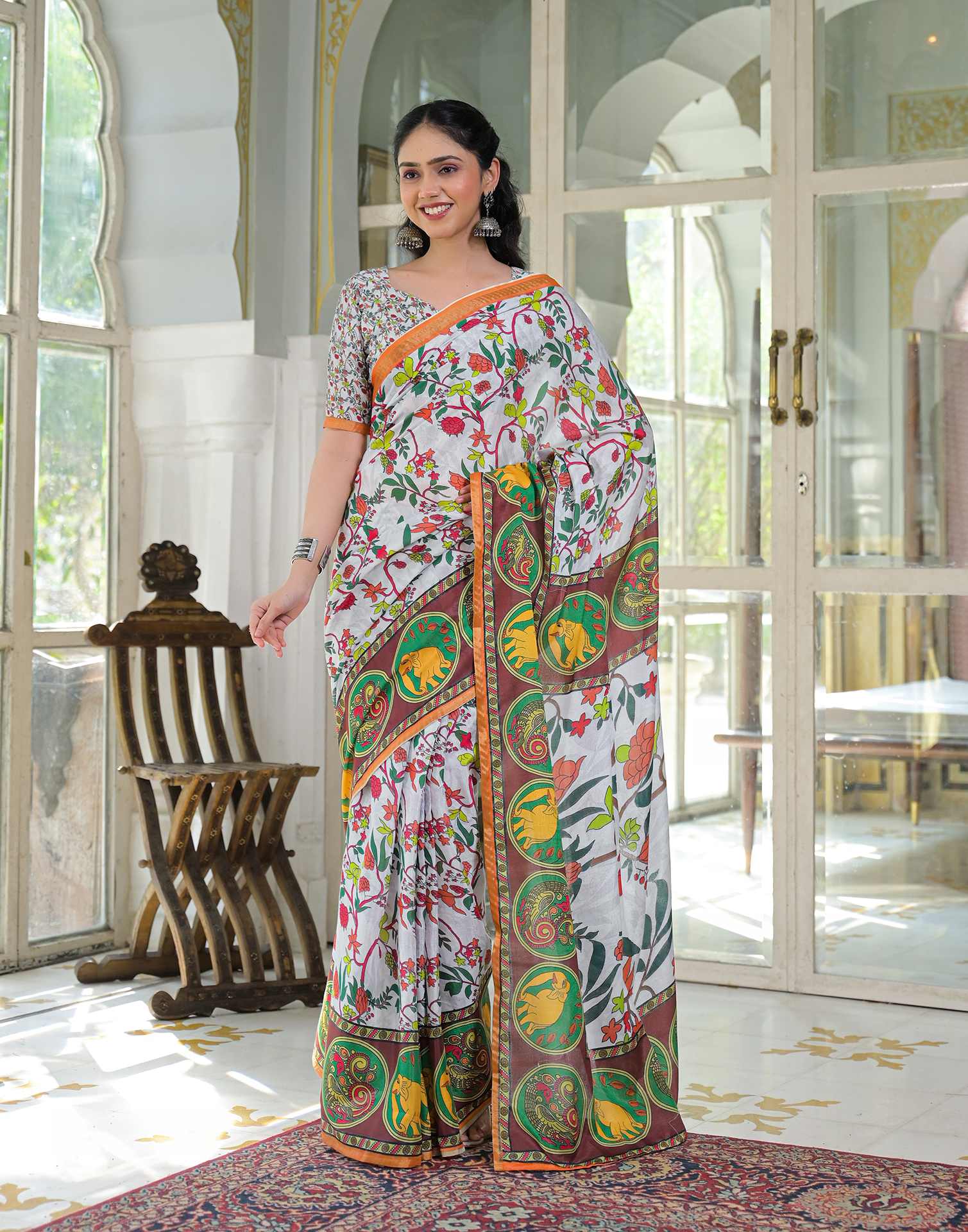 Ready To Wear White Silk Printed Saree