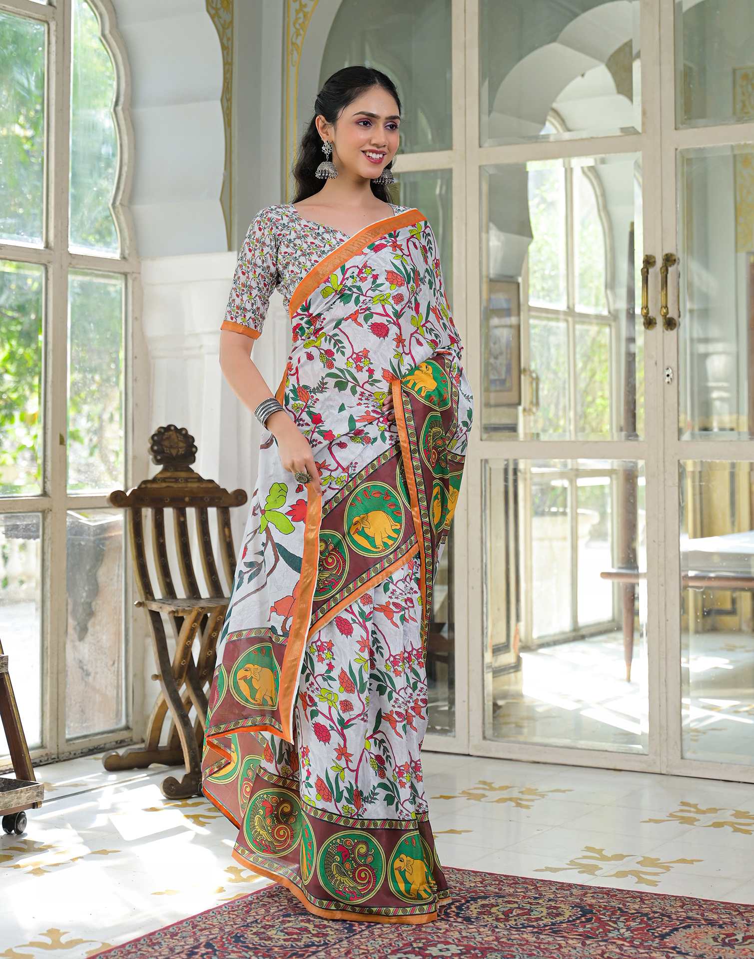 Ready To Wear White Silk Printed Saree