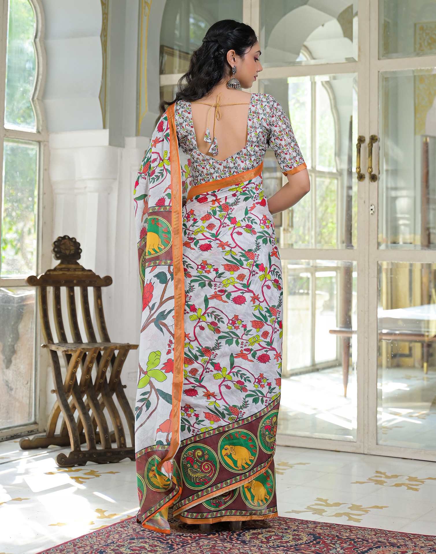 Ready To Wear White Silk Printed Saree