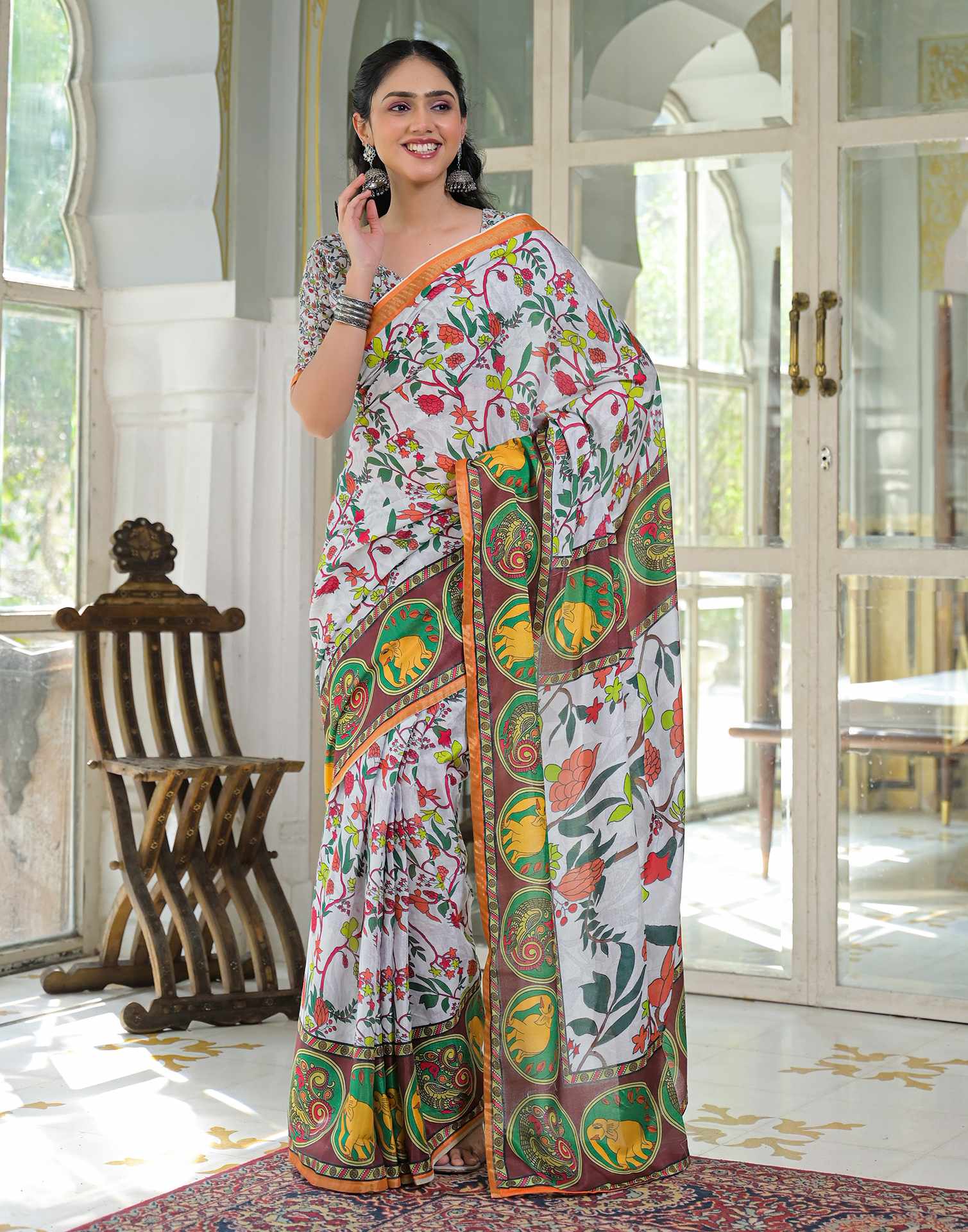 Ready To Wear White Silk Printed Saree