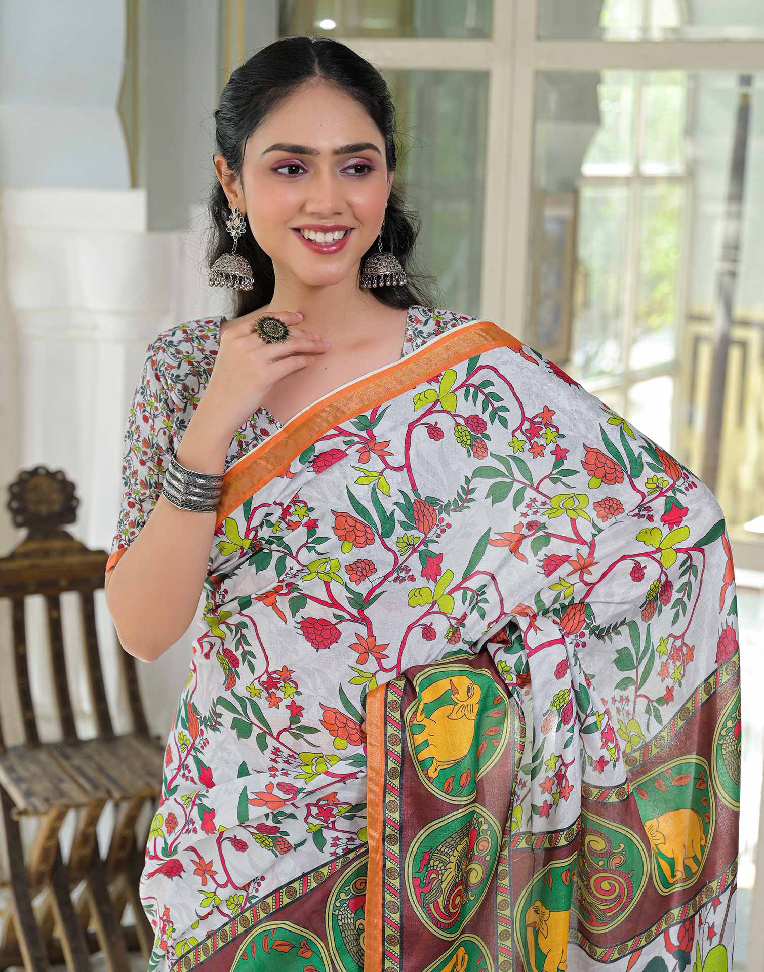 Ready To Wear White Silk Printed Saree