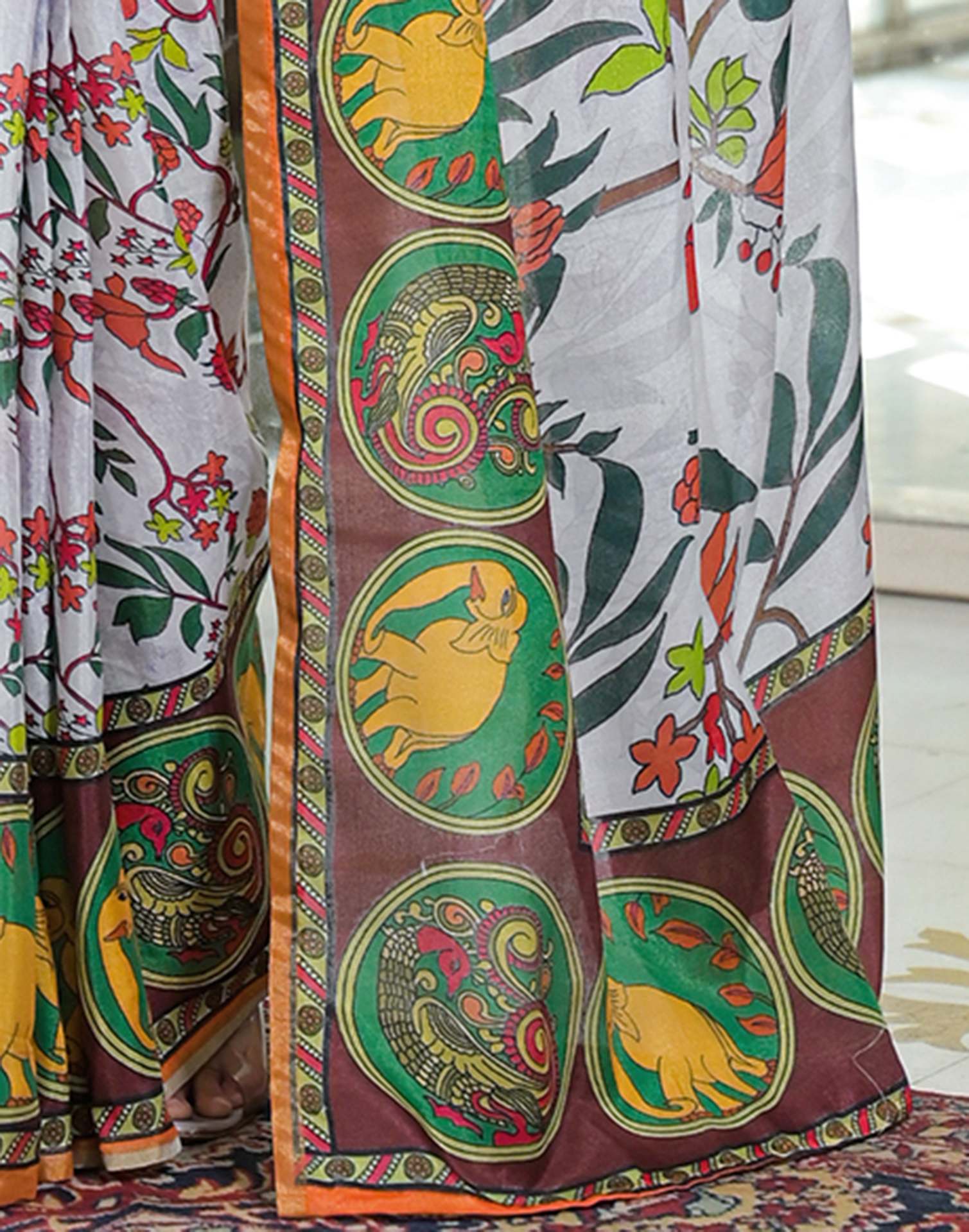 Ready To Wear White Silk Printed Saree