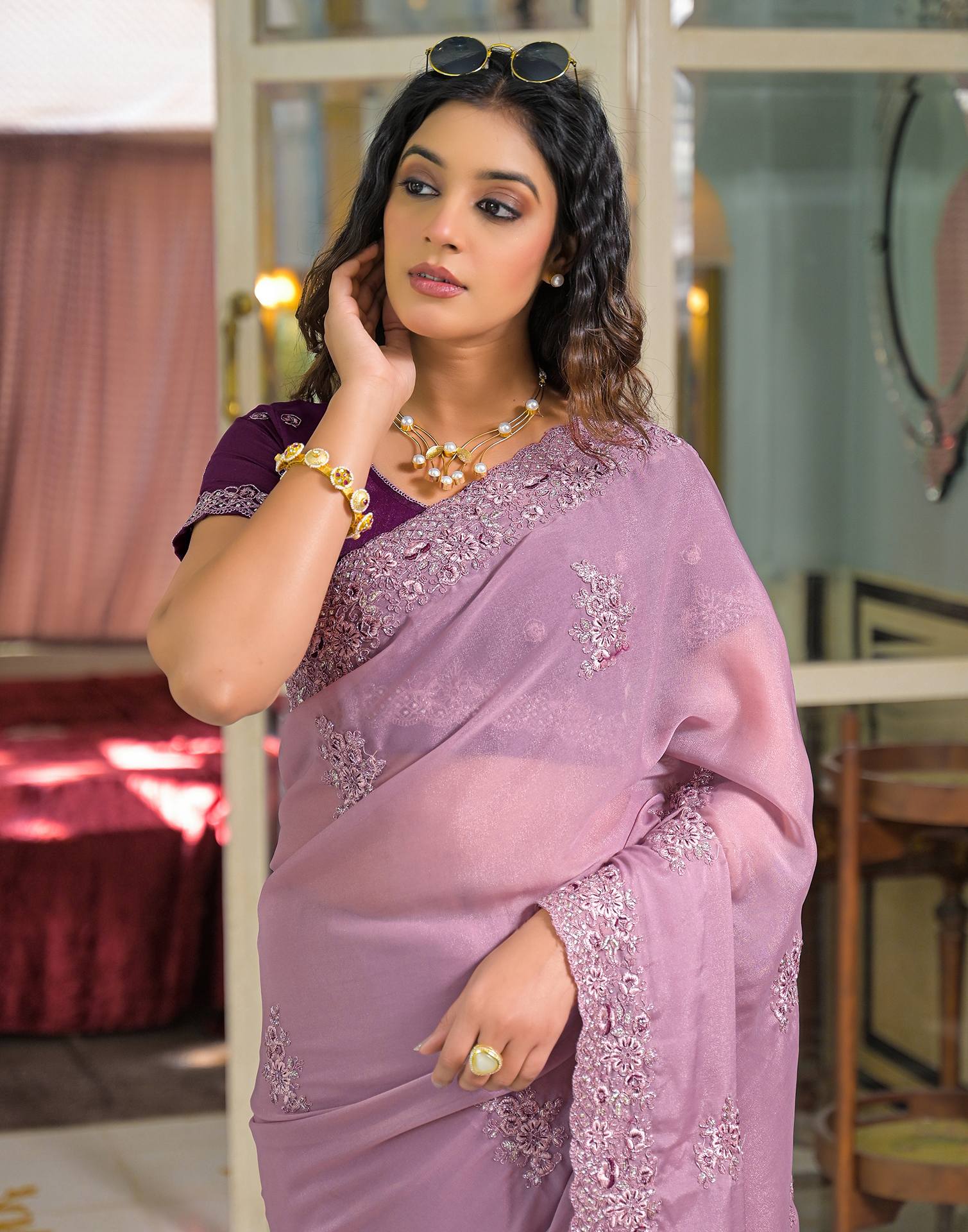 Dusty Mauve Shimmer Embroidery Saree