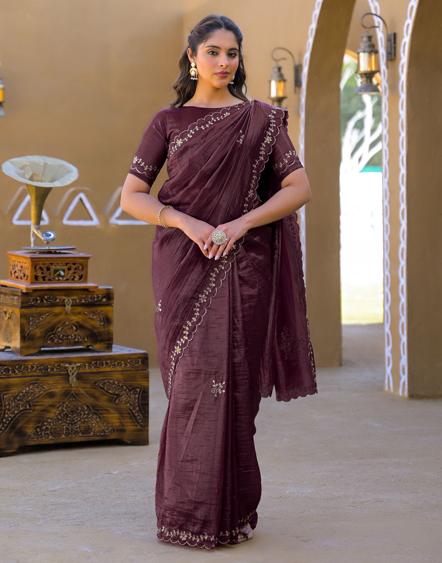 Dusty Wine Crush Tissue Embroidery Saree