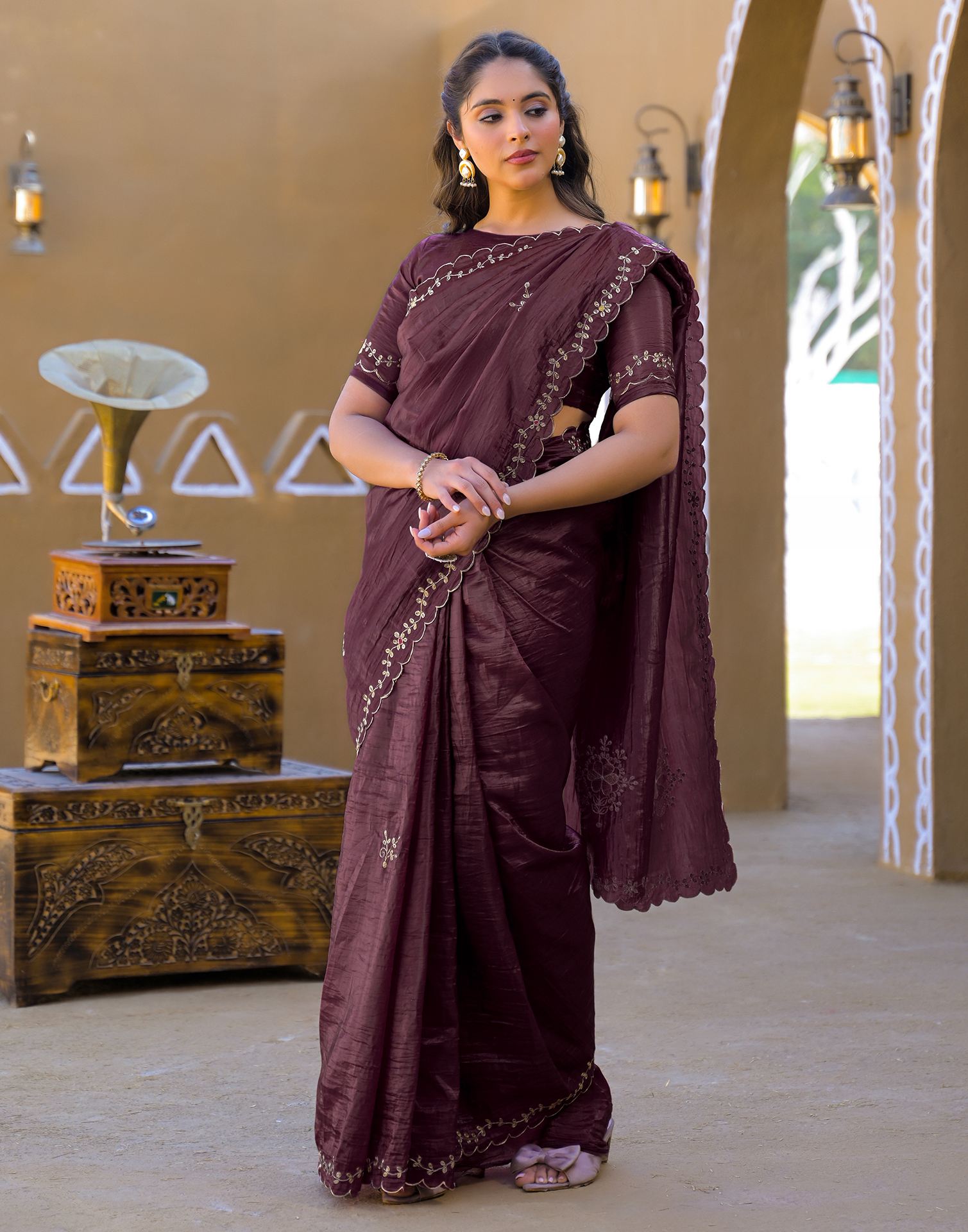 Dusty Wine Crush Tissue Embroidery Saree