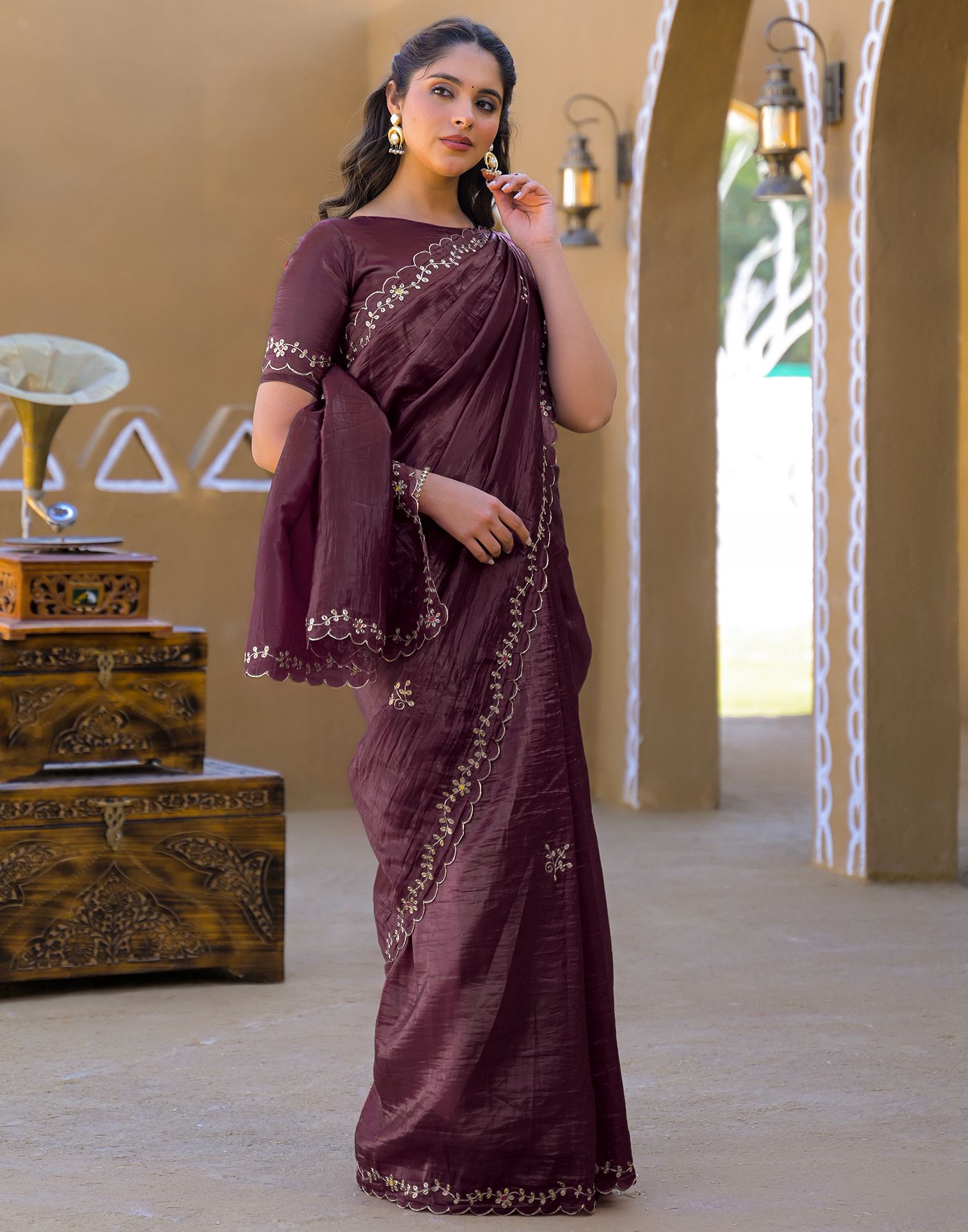 Dusty Wine Crush Tissue Embroidery Saree