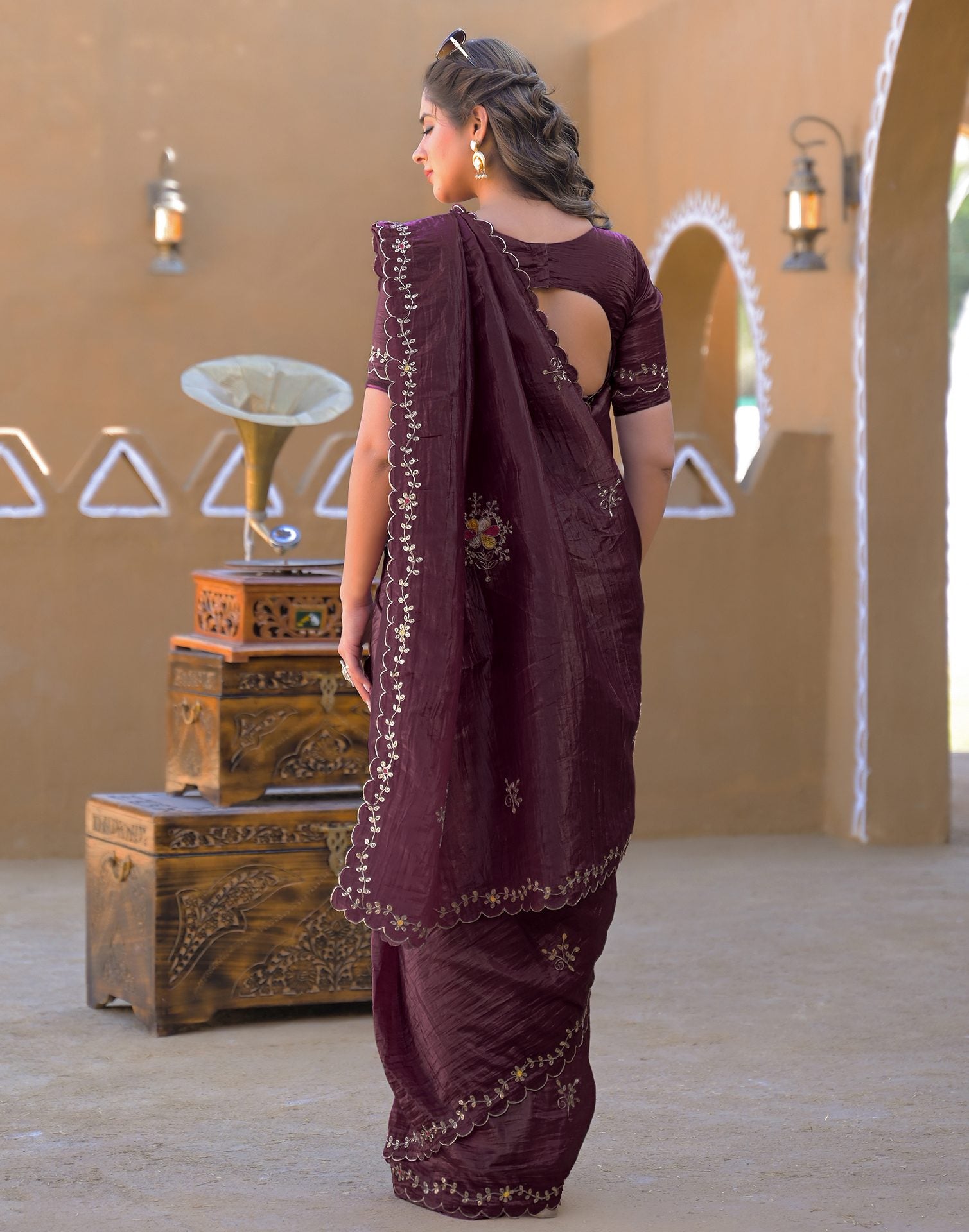 Dusty Wine Crush Tissue Embroidery Saree