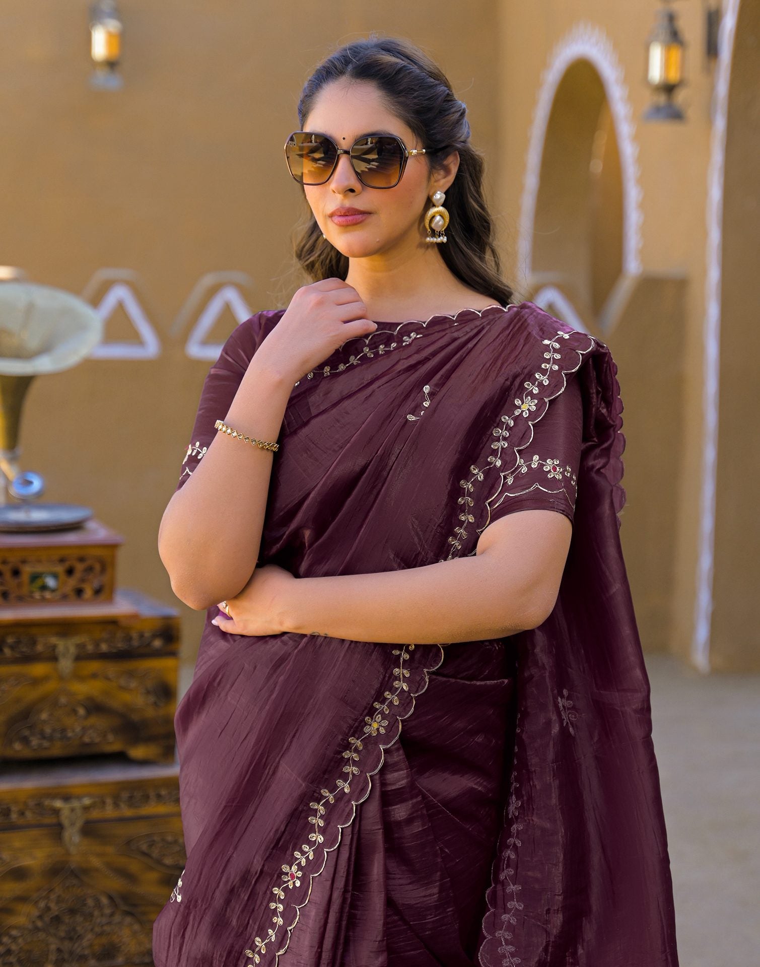 Dusty Wine Crush Tissue Embroidery Saree