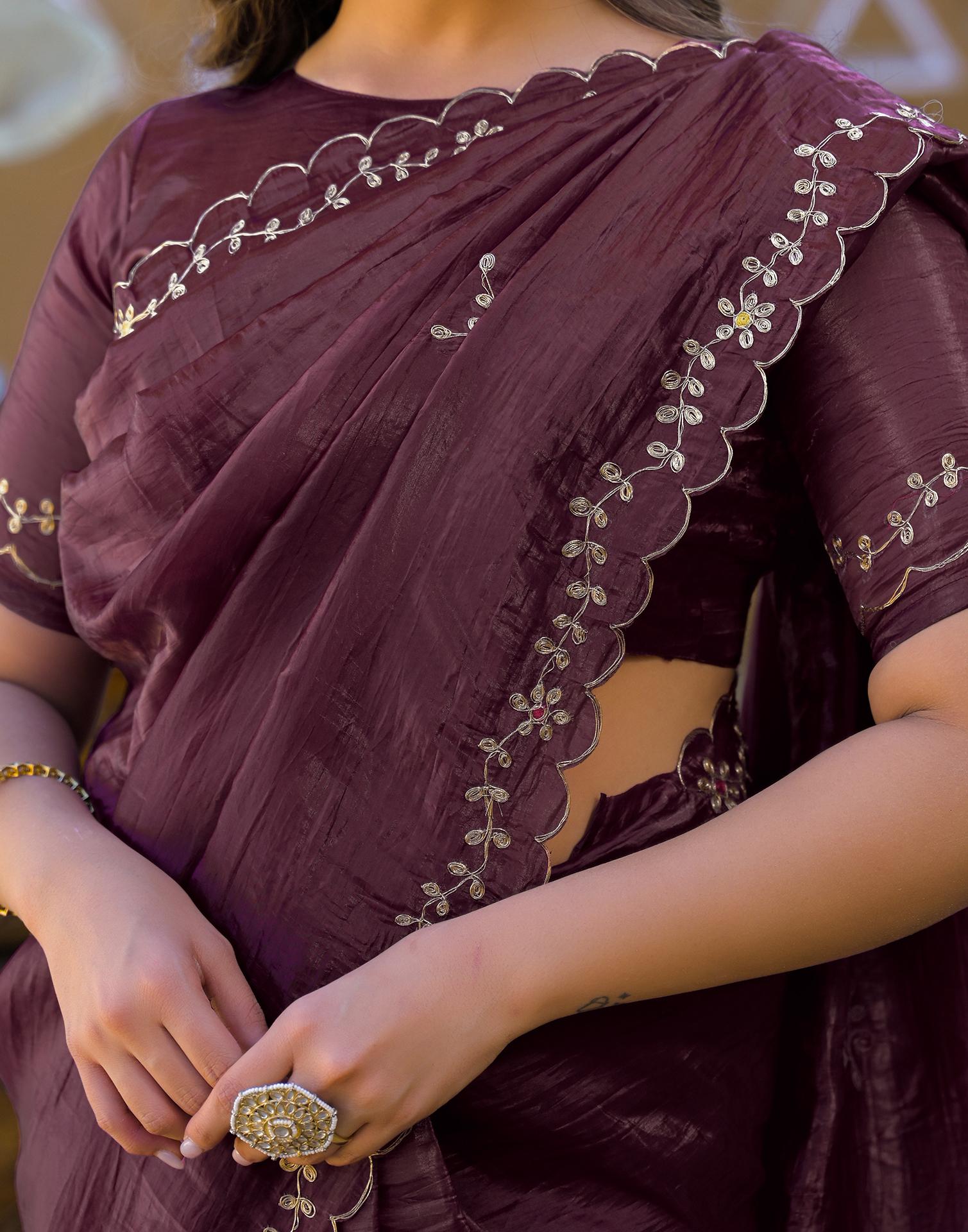 Dusty Wine Crush Tissue Embroidery Saree
