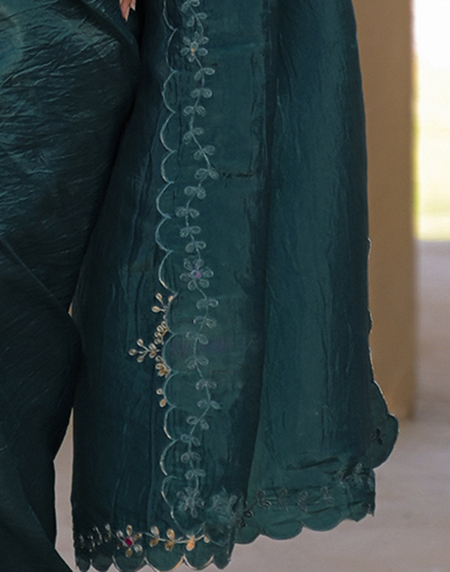 Dusty Teal Blue Crush Tissue Embroidery Saree
