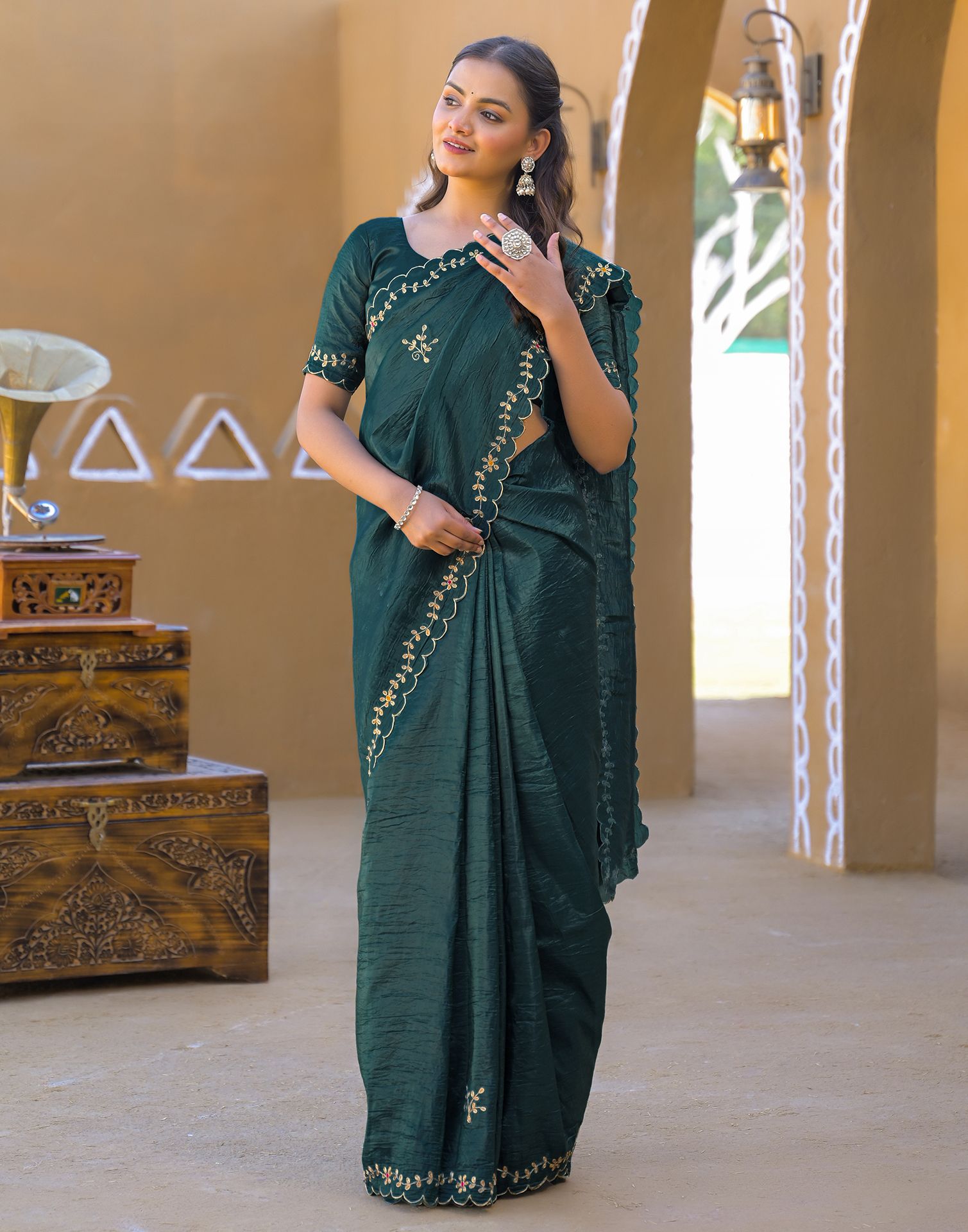 Dusty Teal Blue Crush Tissue Embroidery Saree