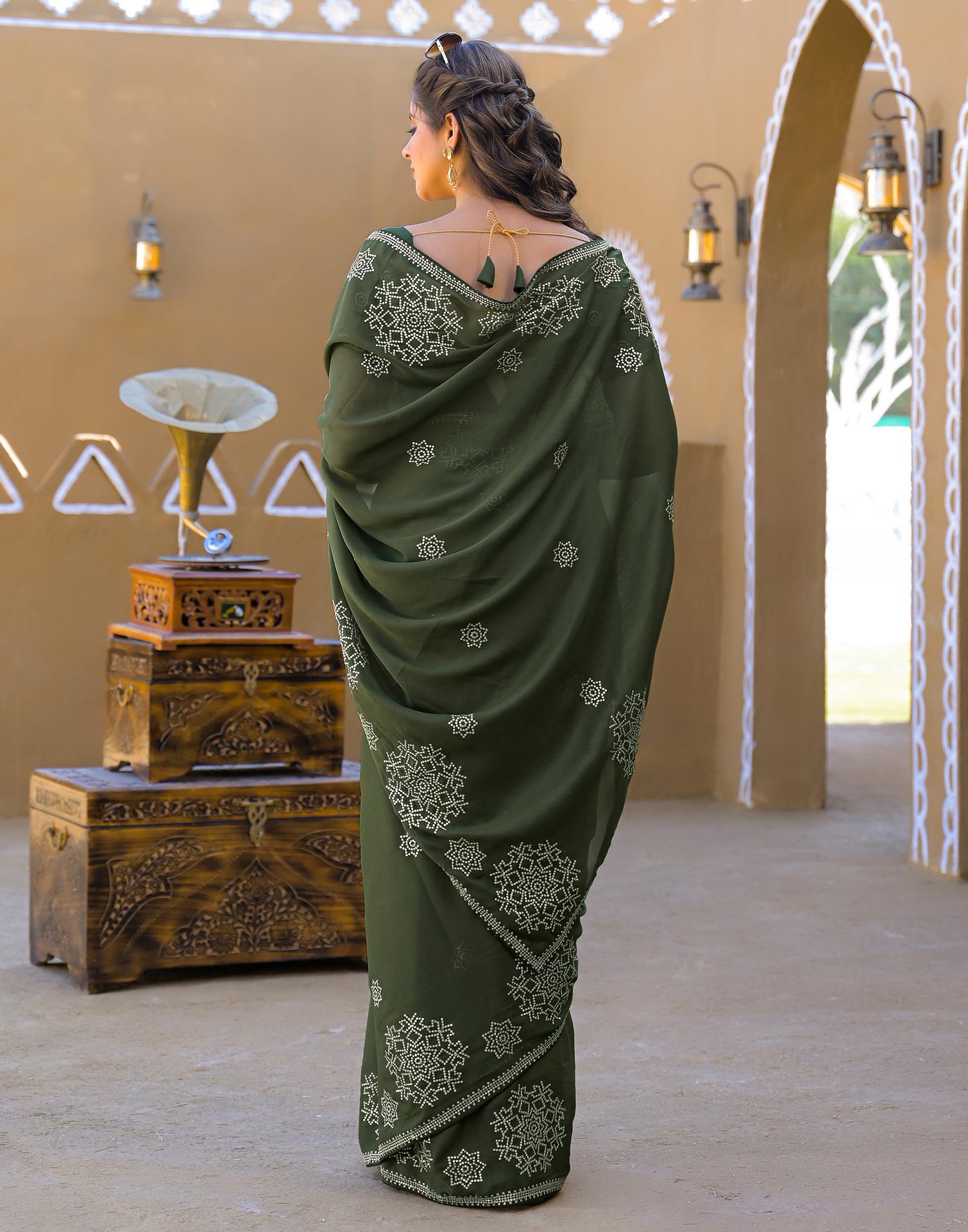 Mehandi Green Shimmer Sequence Embroidery Saree