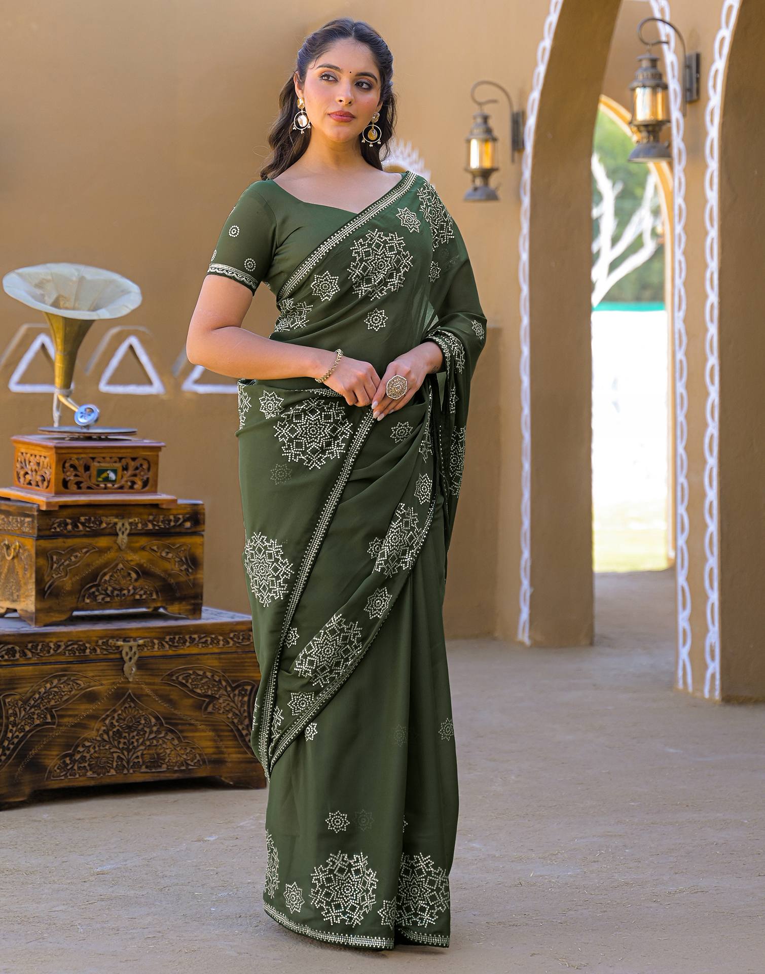 Mehandi Green Shimmer Sequence Embroidery Saree