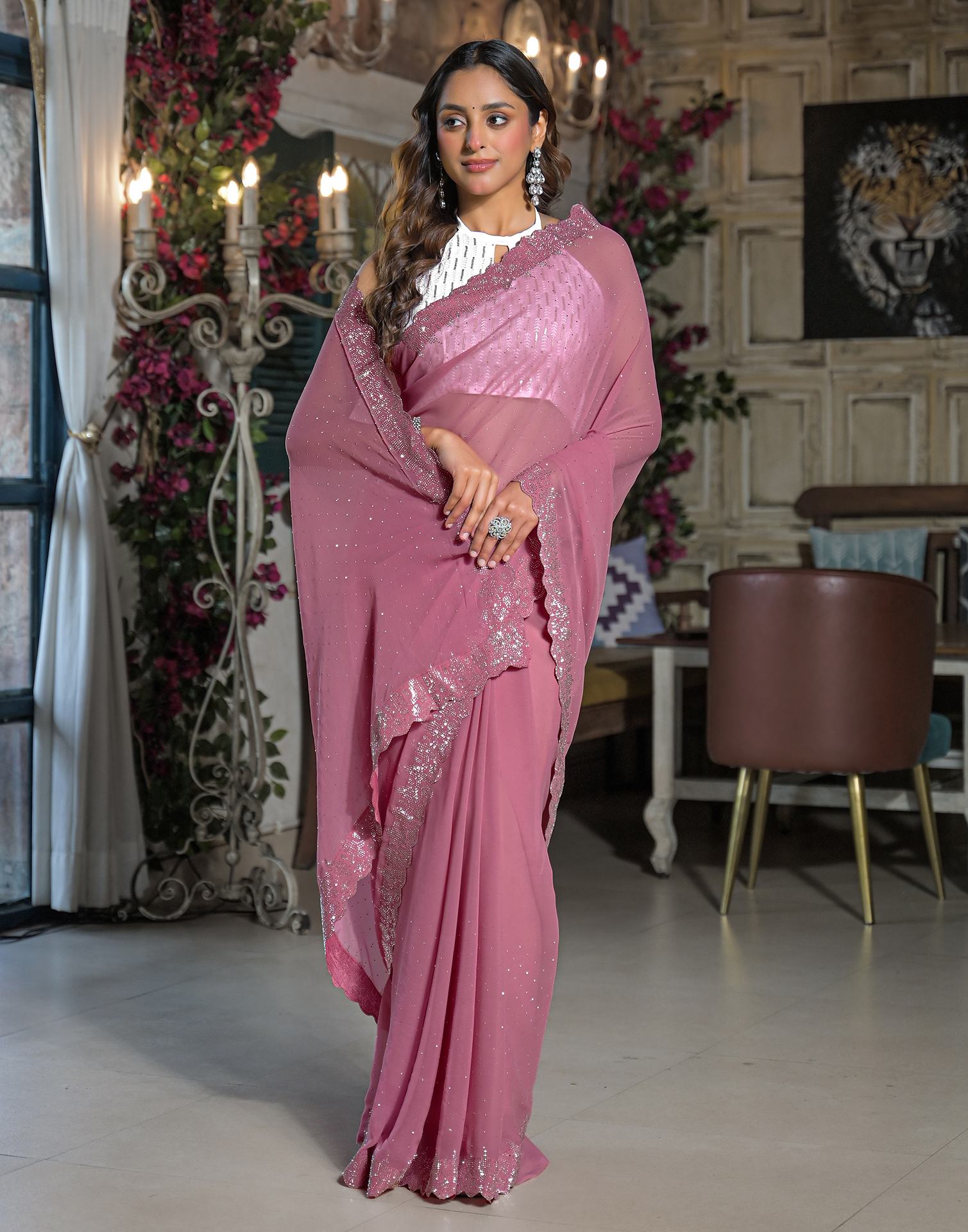 Dusty Pink Georgette Stone Work Swarovski Saree