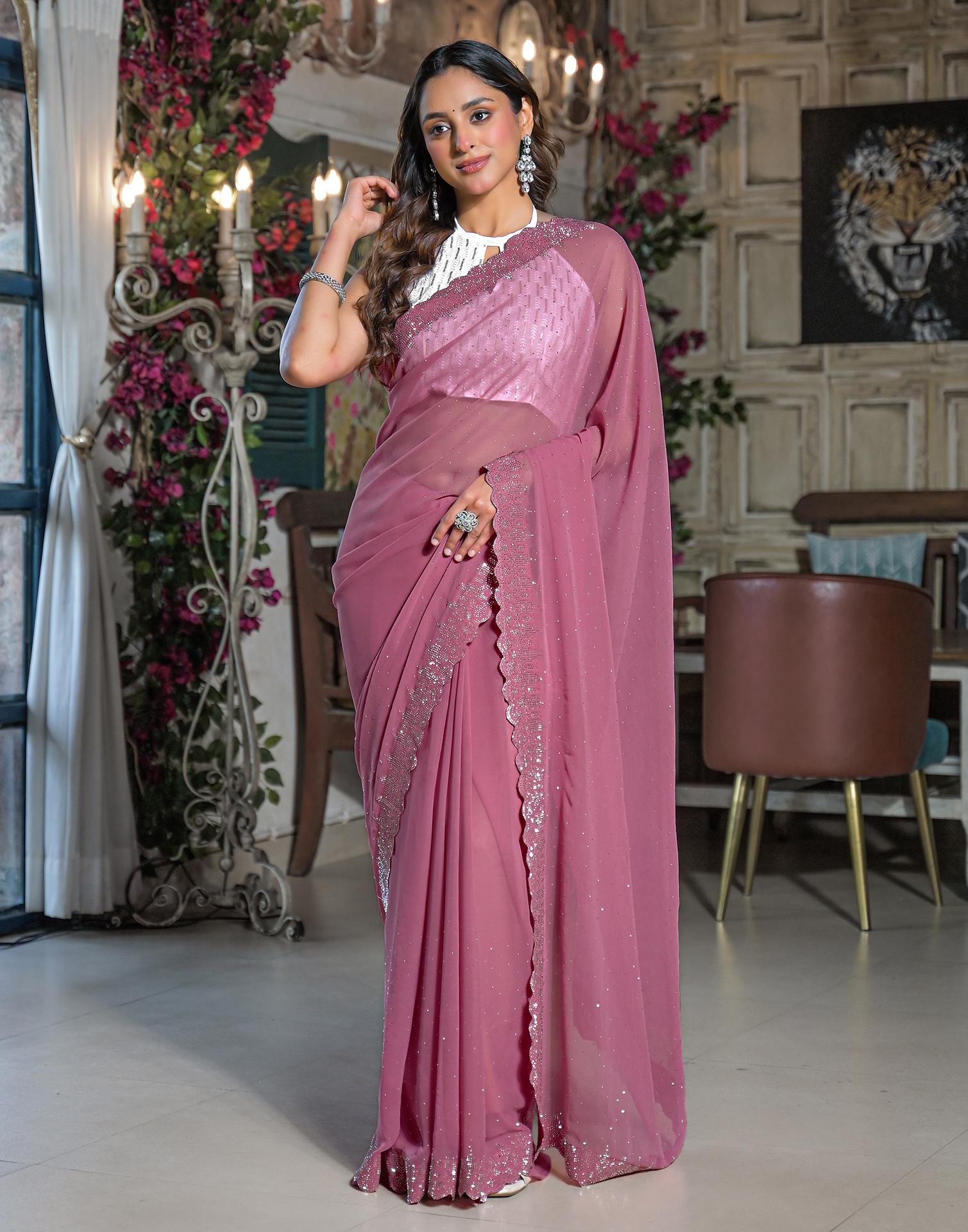 Dusty Pink Georgette Stone Work Swarovski Saree