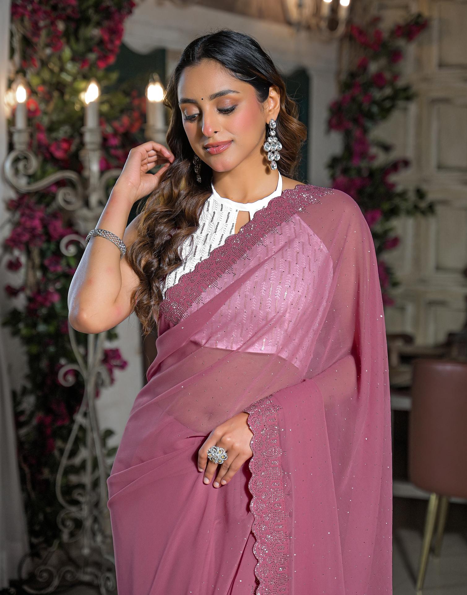 Dusty Pink Georgette Stone Work Swarovski Saree