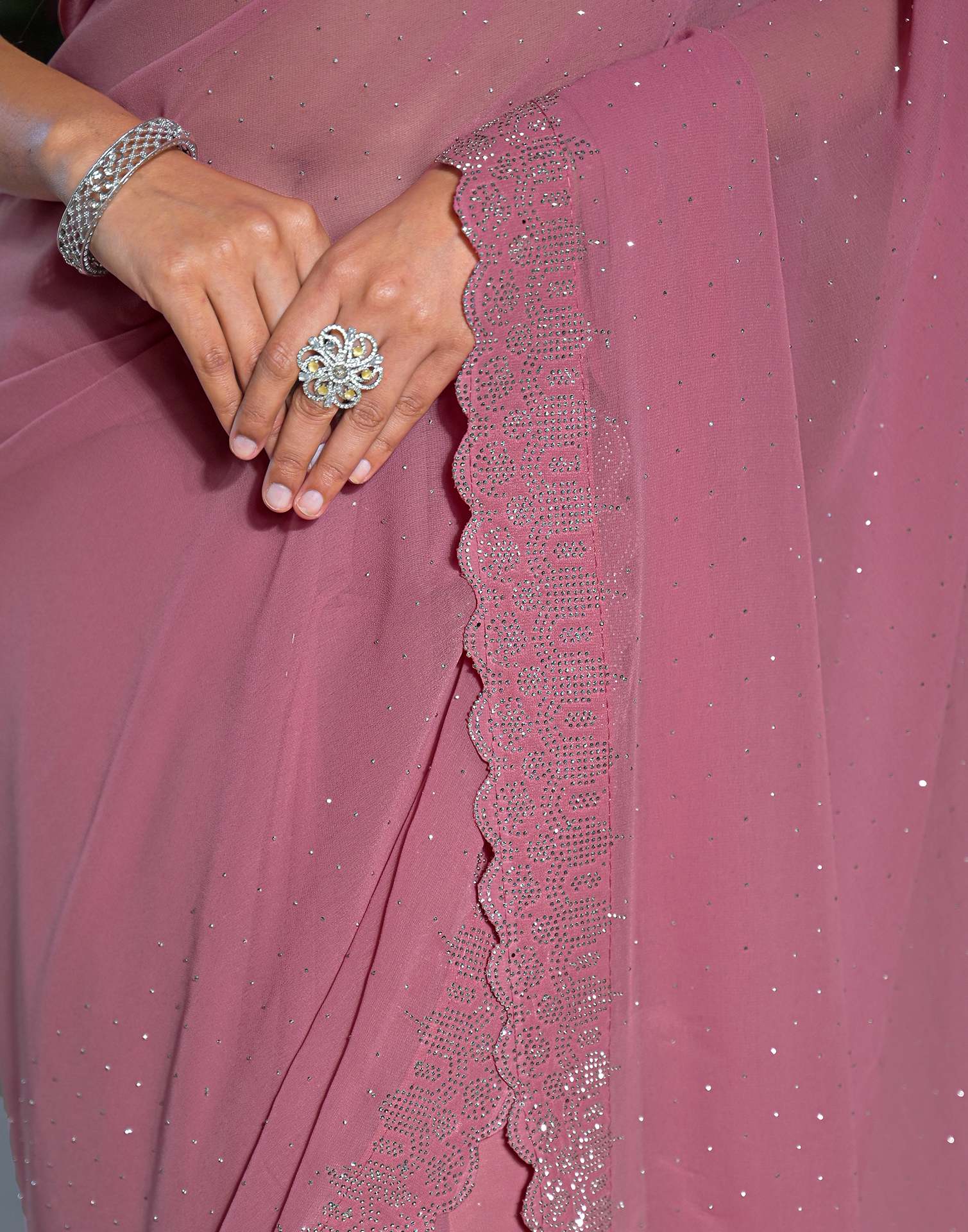 Dusty Pink Georgette Stone Work Swarovski Saree