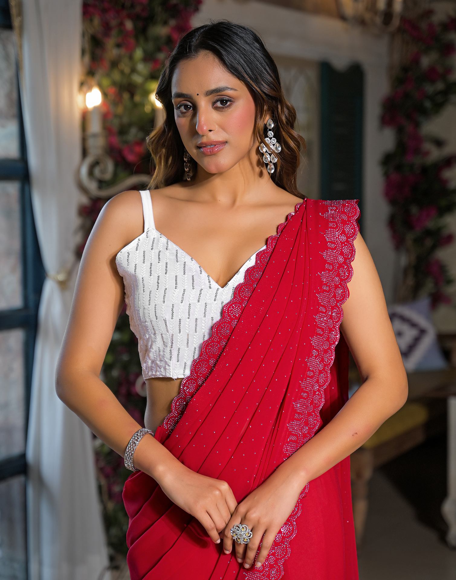 Red Georgette Stone Work Swarovski Saree