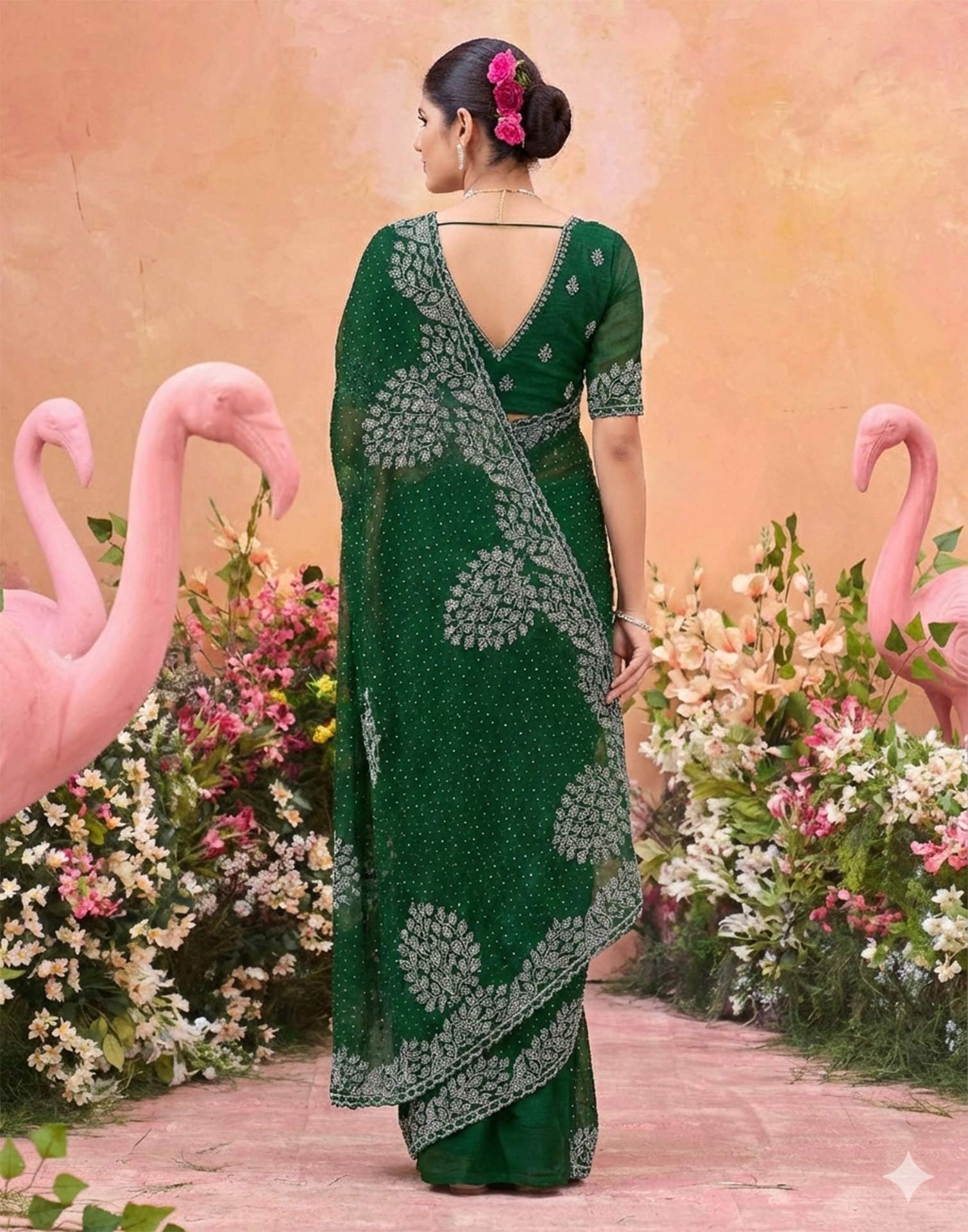 Dark Green Shimmer Stone Work Swarovski Saree