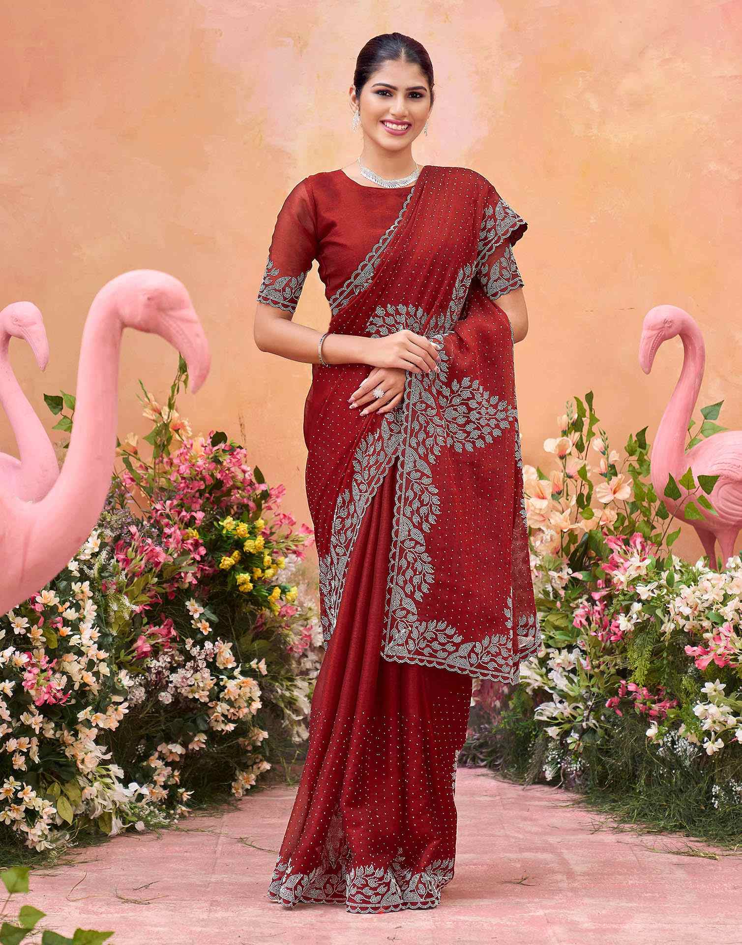 Maroon Shimmer Stone Work Swarovski Saree