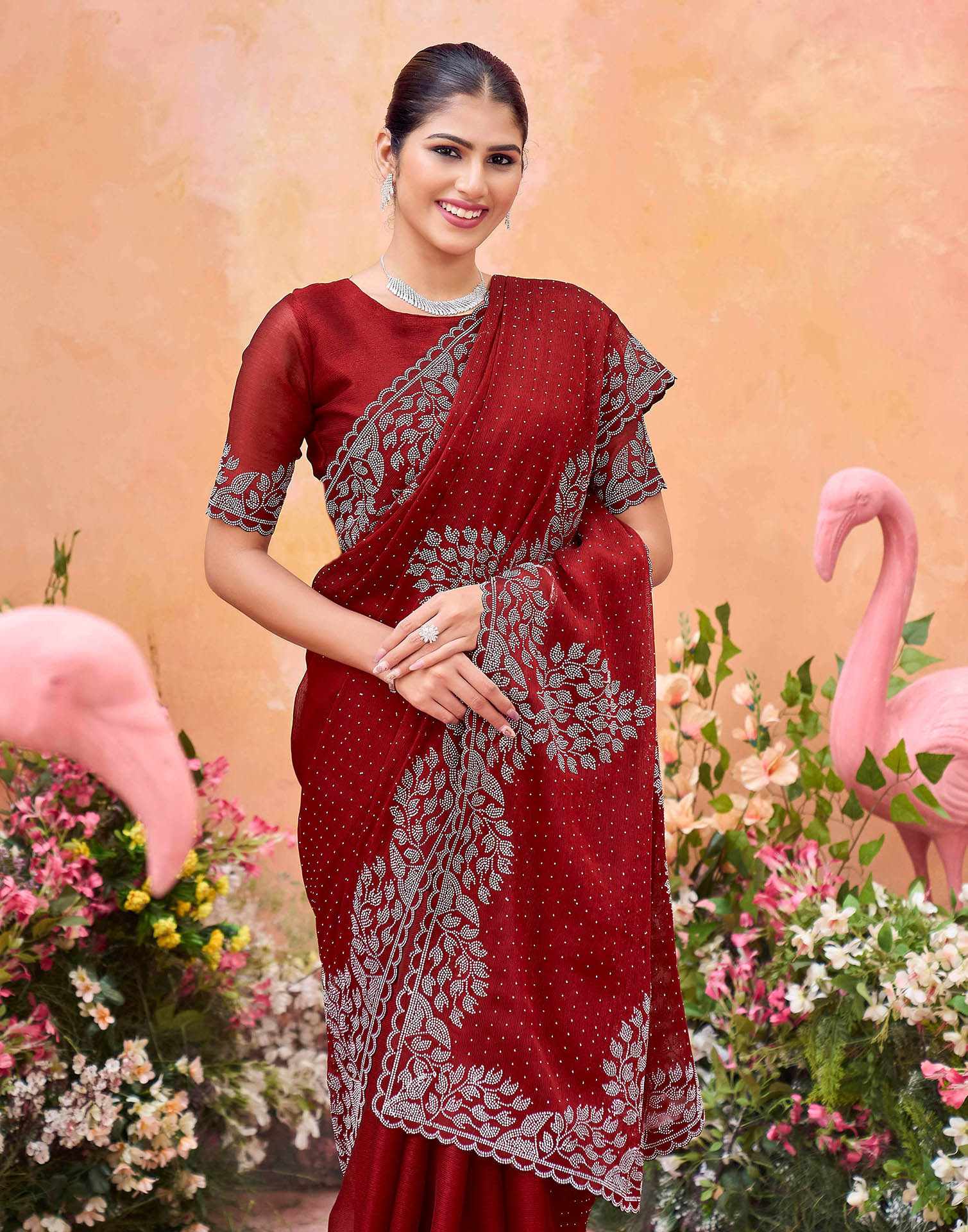 Maroon Shimmer Stone Work Swarovski Saree