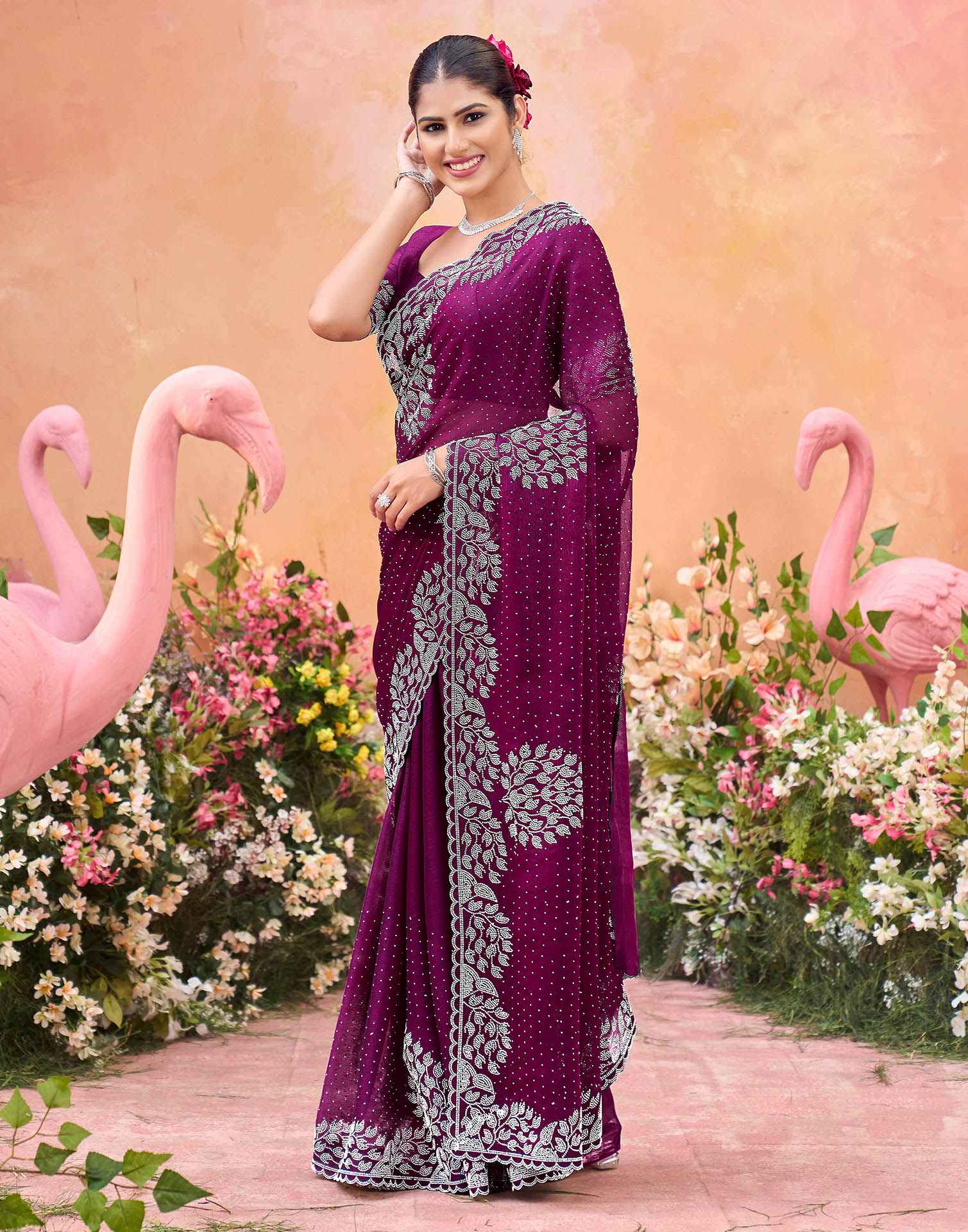 Purple Shimmer Stone Work Swarovski Saree