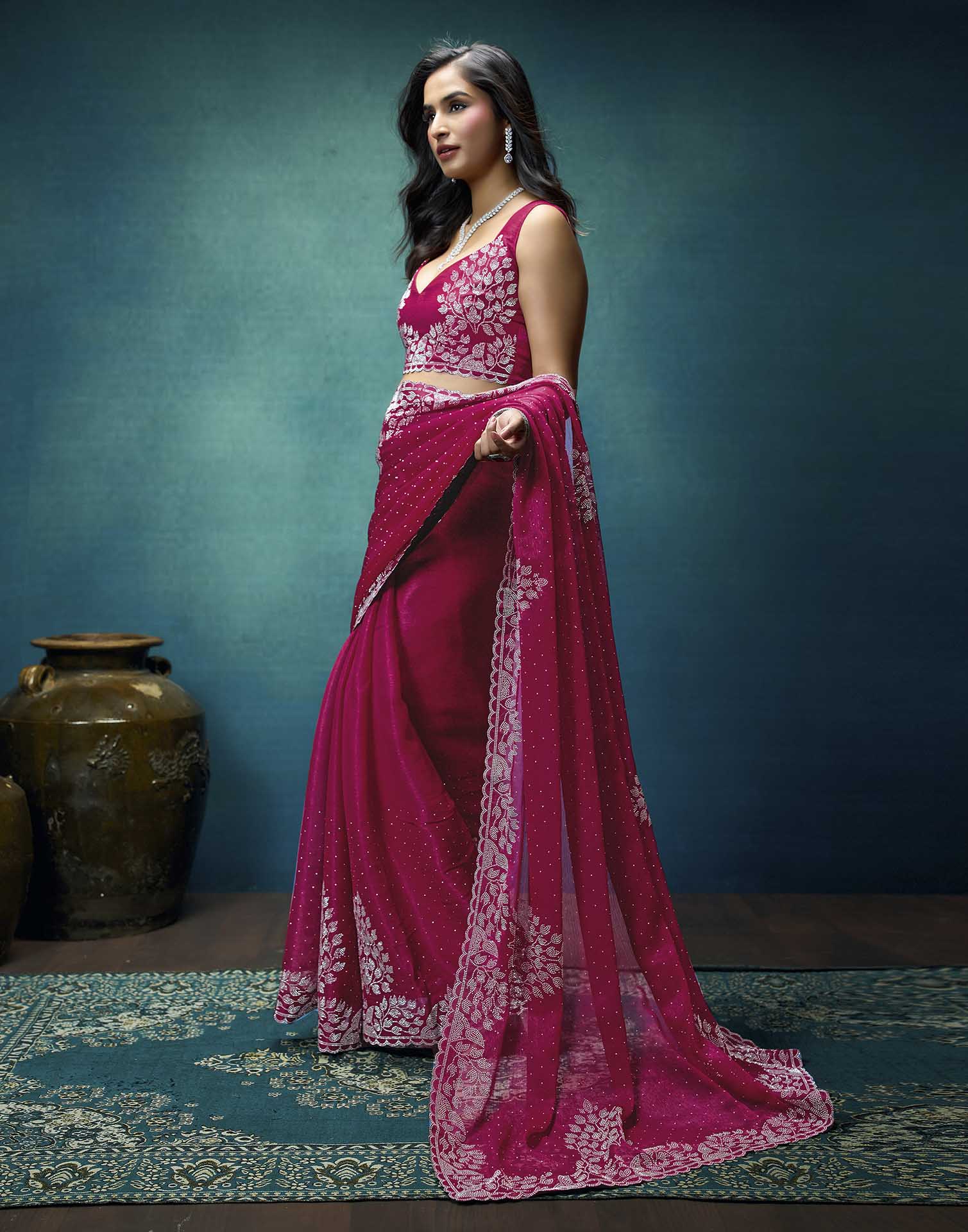 Rani Pink Shimmer Stone Work Swarovski Saree