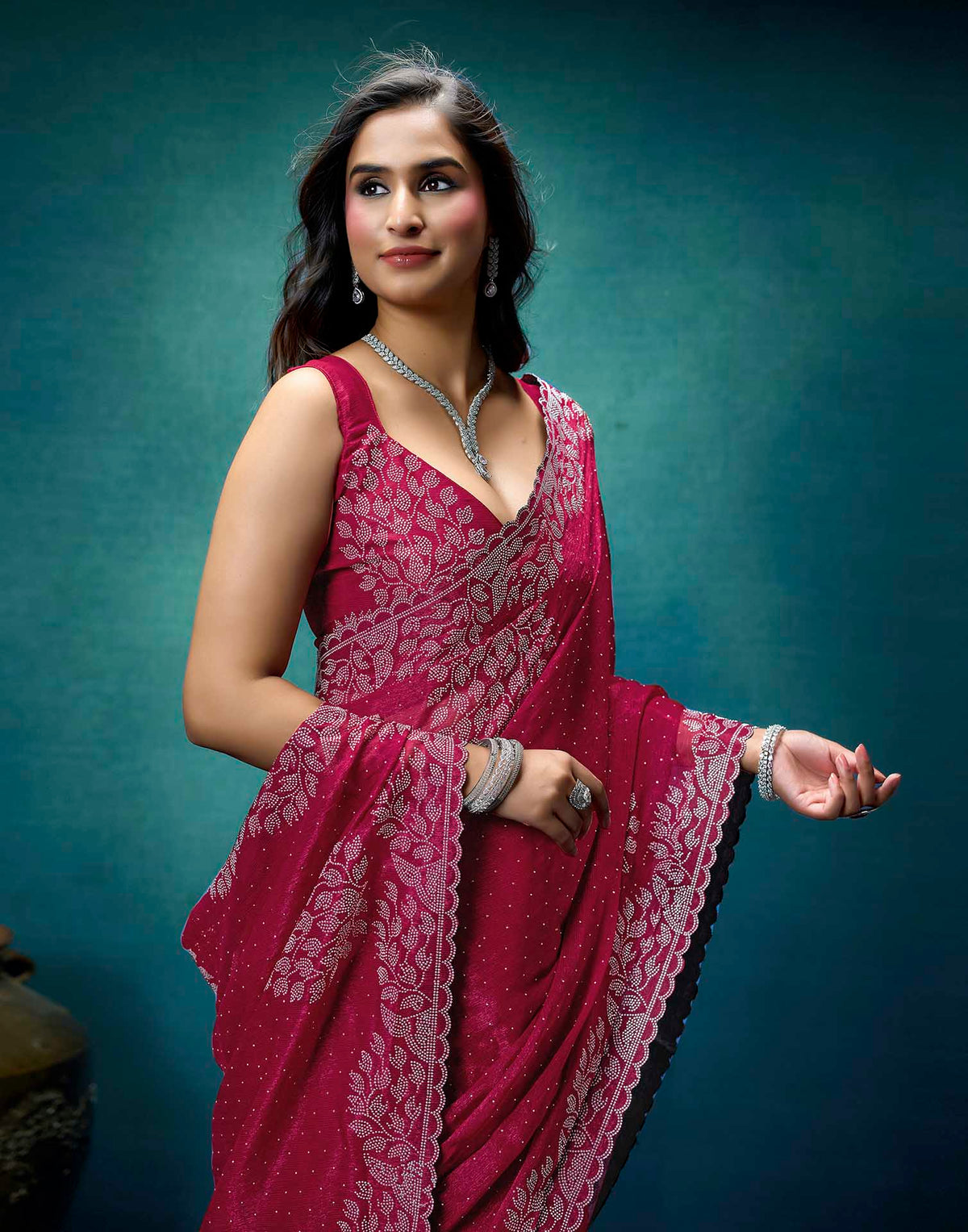 Rani Pink Shimmer Stone Work Swarovski Saree