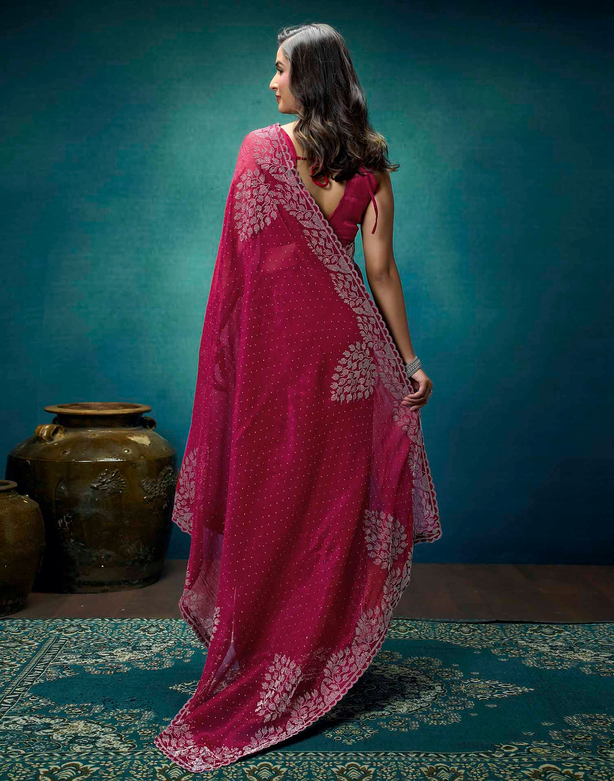 Rani Pink Shimmer Stone Work Swarovski Saree