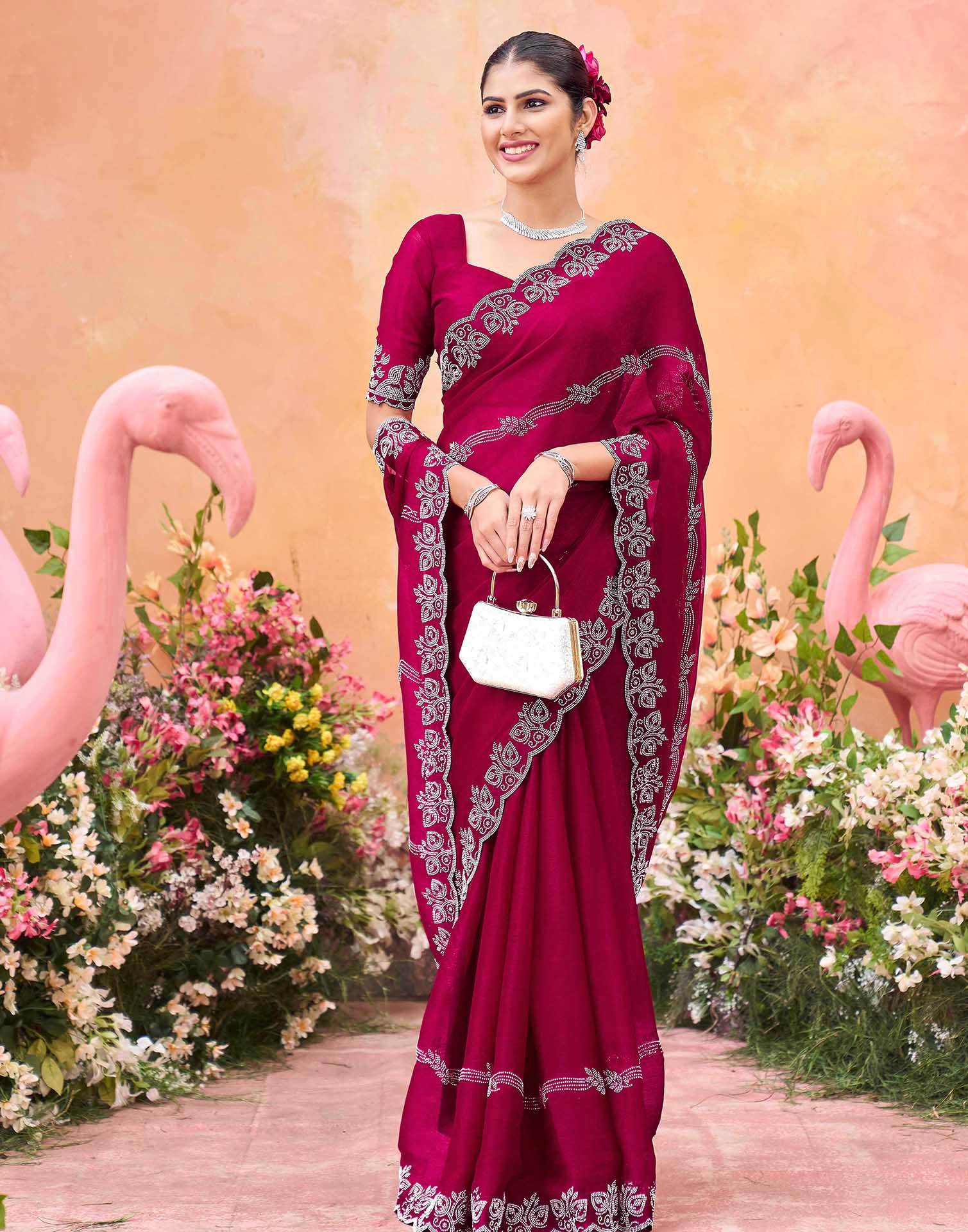 Dark Rani Pink Shimmer Stone Work Embellished Saree