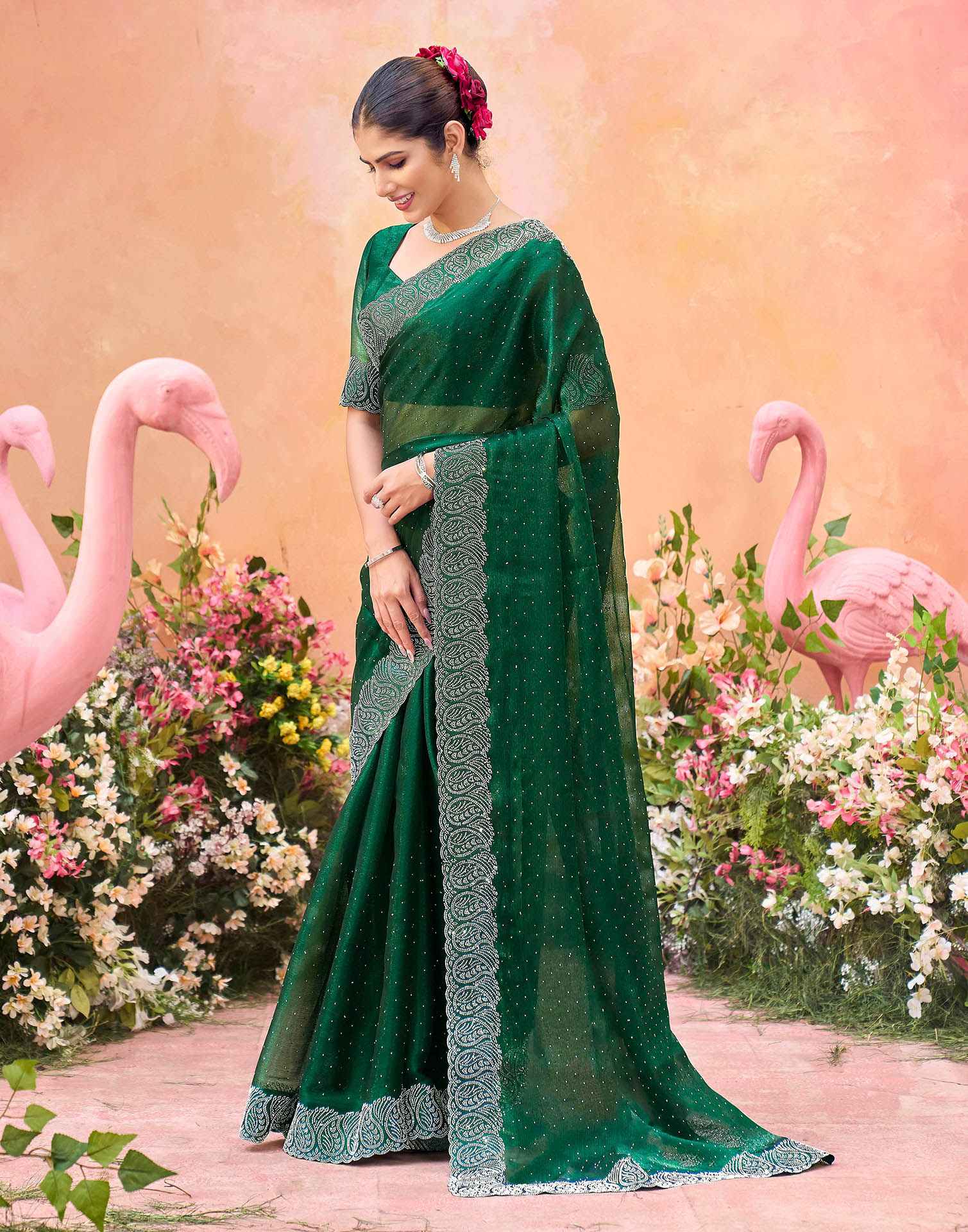 Dark Green Shimmer Stone Work Swarovski Saree