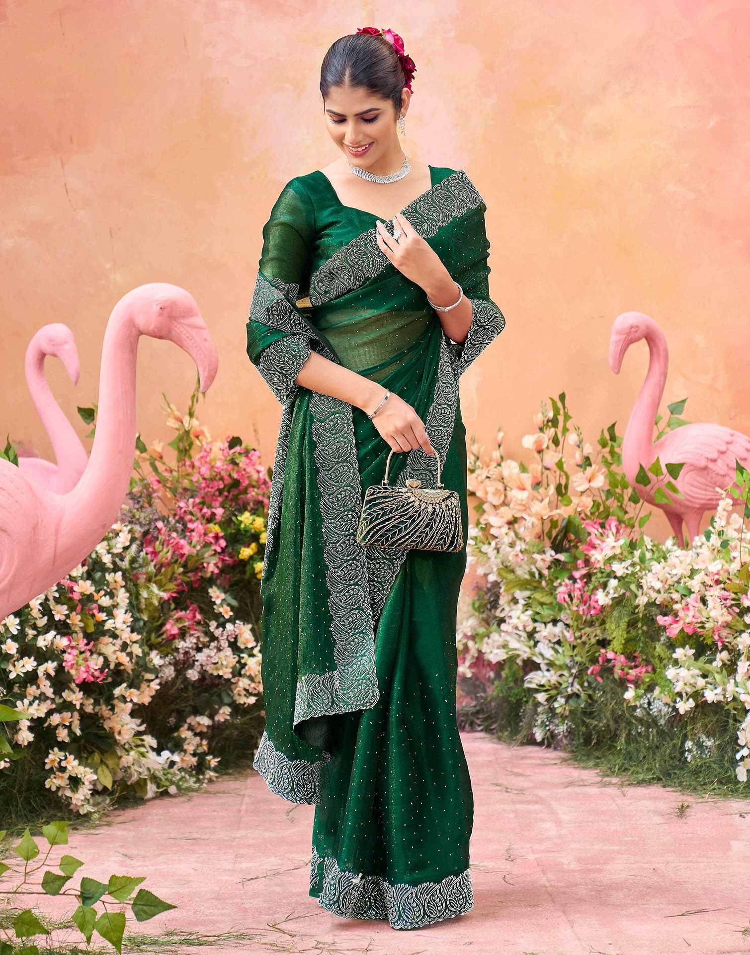 Dark Green Shimmer Stone Work Swarovski Saree