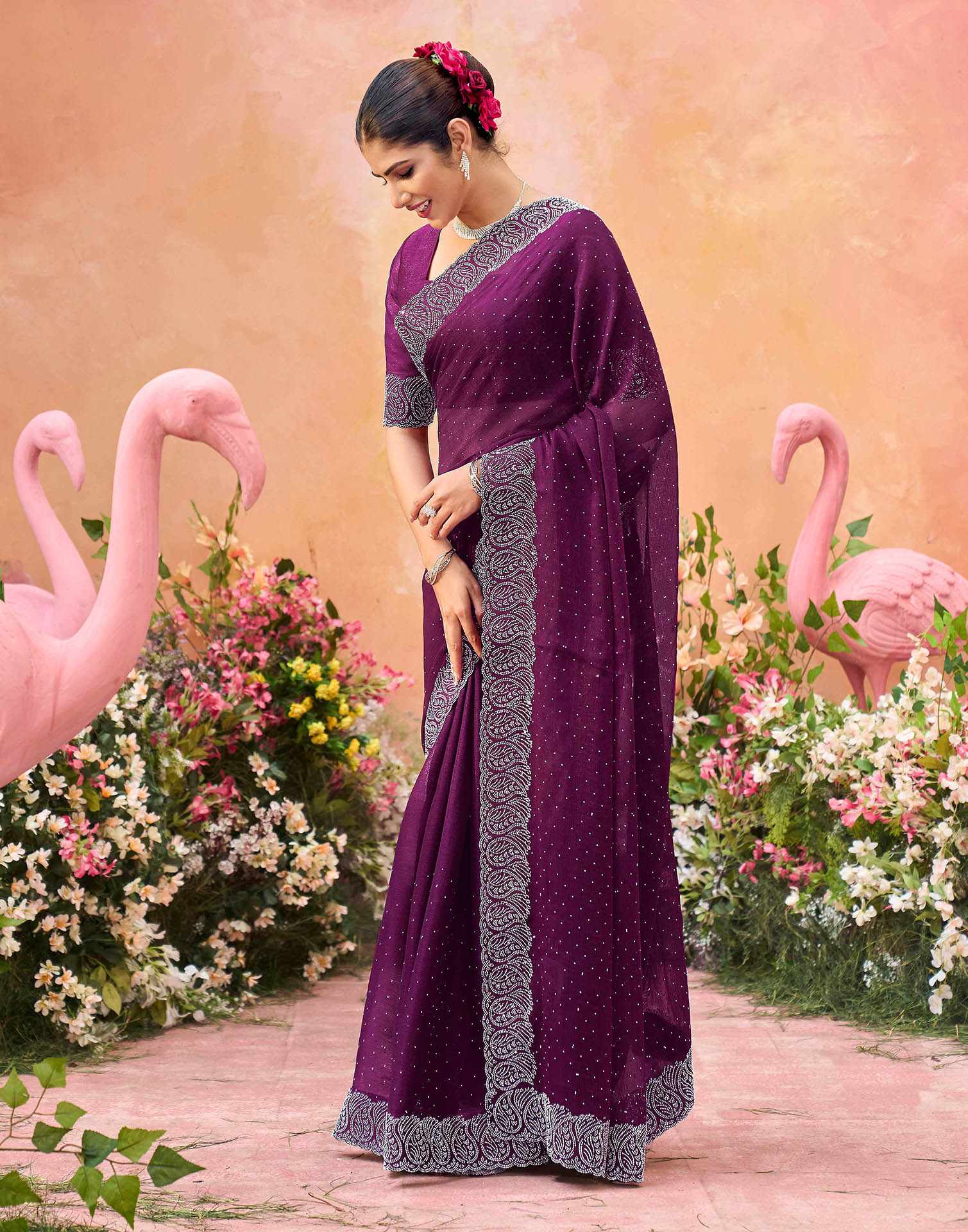 Purple Shimmer Stone Work Swarovski Saree