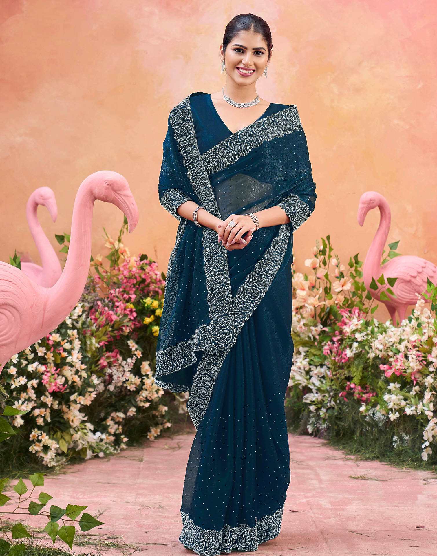Navy Blue Shimmer Stone Work Swarovski Saree