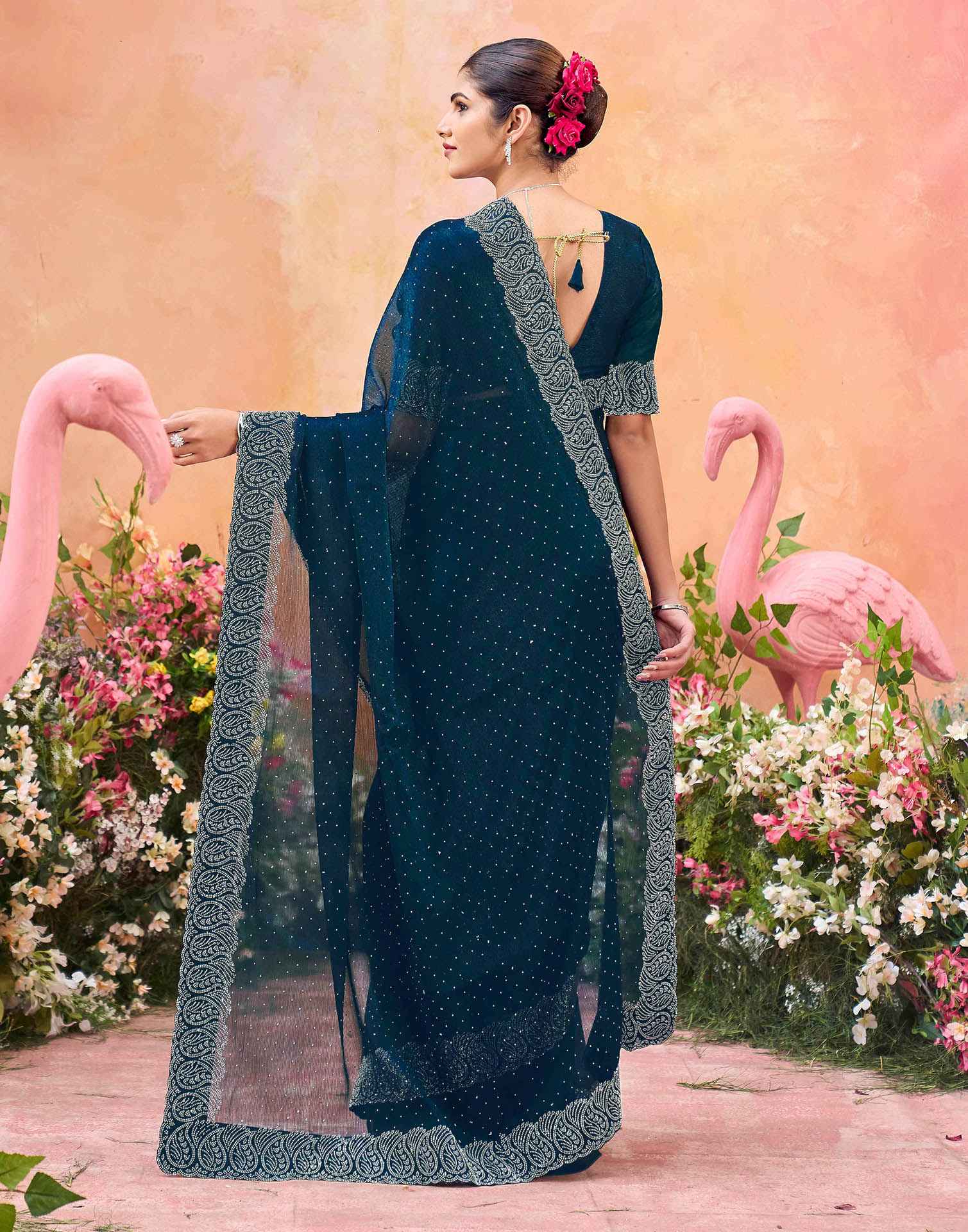 Navy Blue Shimmer Stone Work Swarovski Saree