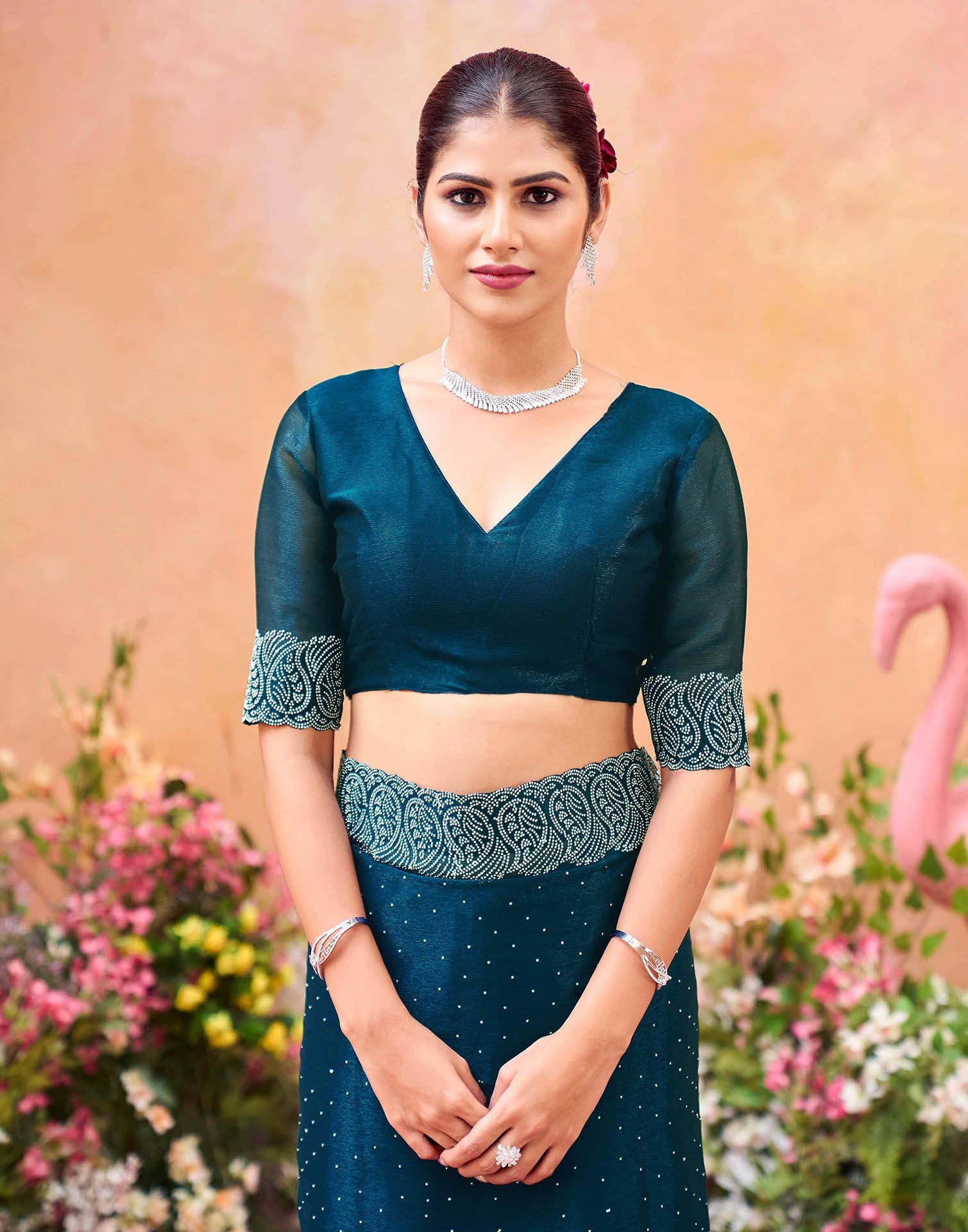Navy Blue Shimmer Stone Work Swarovski Saree