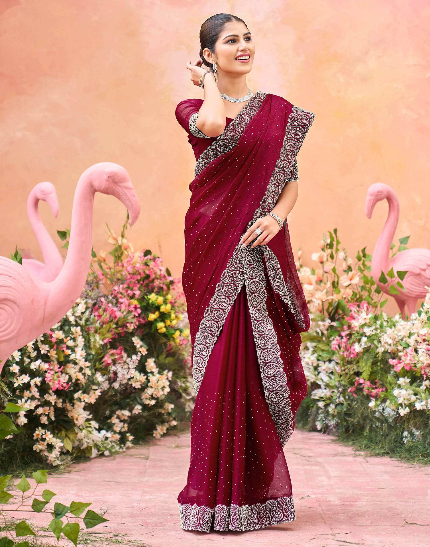 Dark Pink Shimmer Stone Work Swarovski Saree