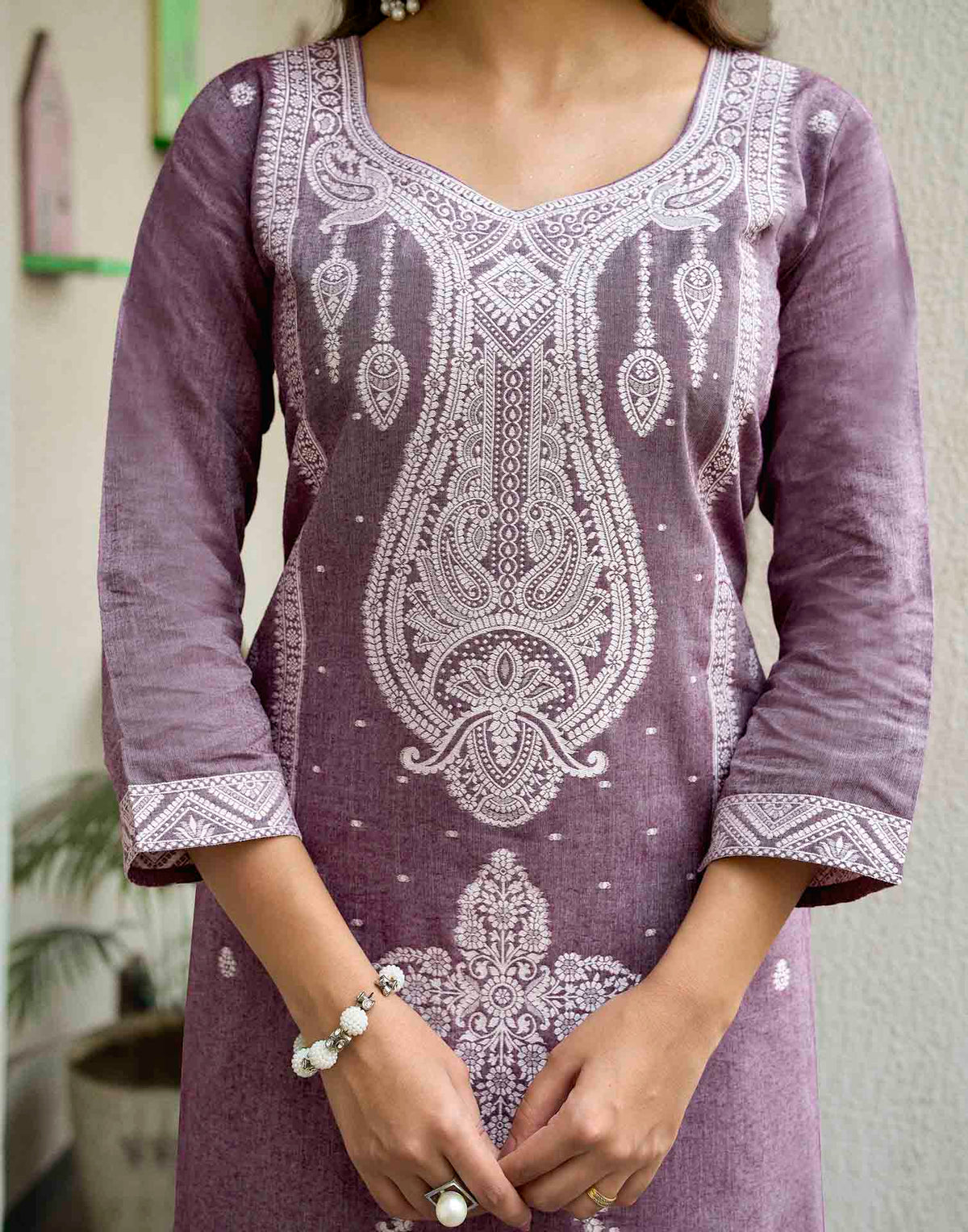 Dusty Mauve Pure Cotton Woven Straight Kurta Set With Dupatta