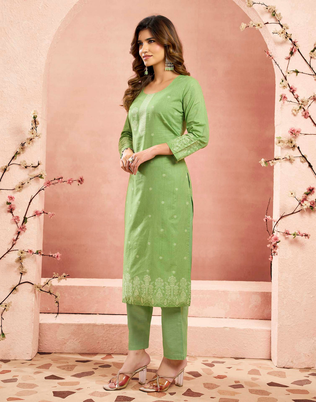 Parrot Green Pure Cotton Woven Straight Kurta Set With Dupatta