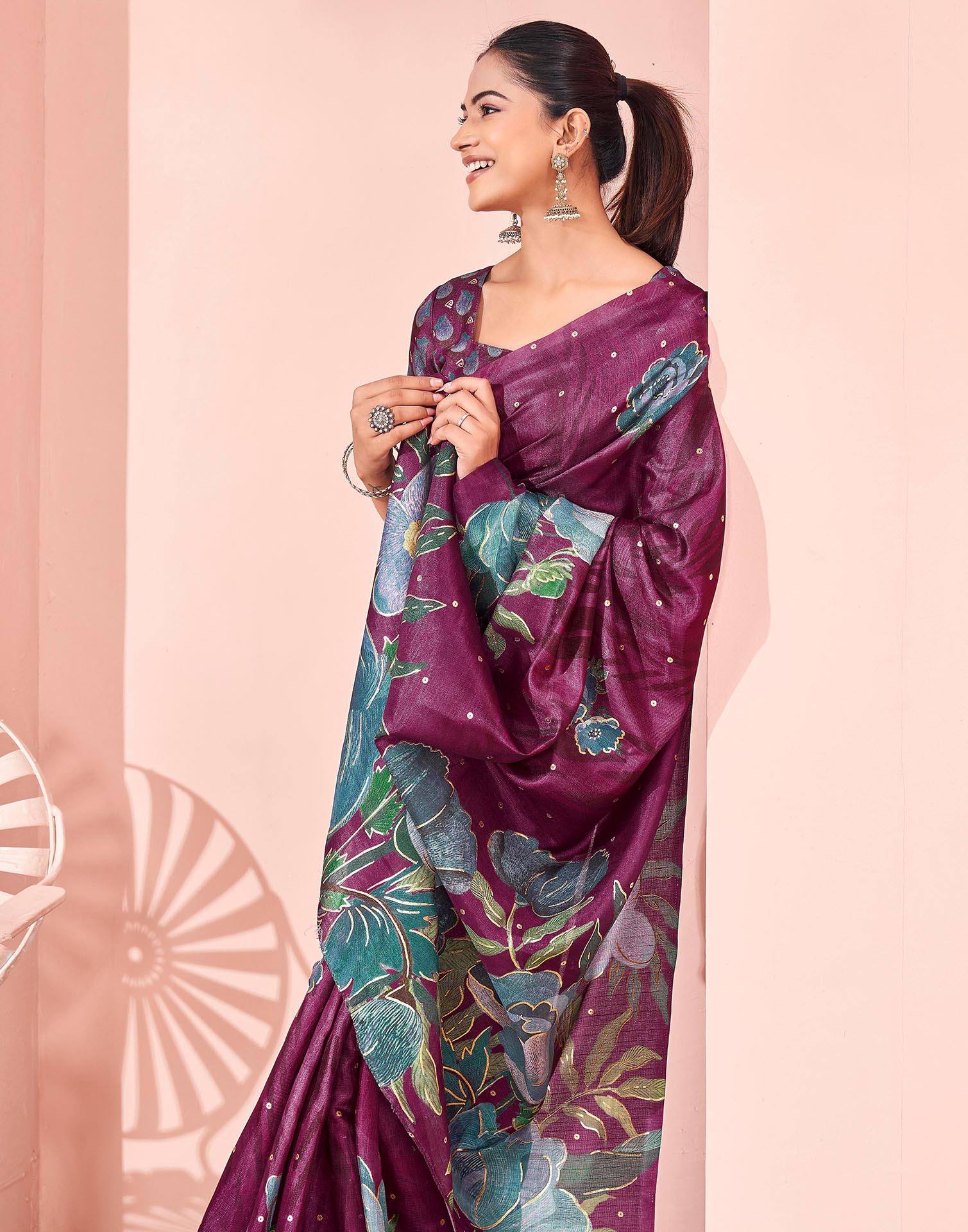 Ready To Wear Dark Magenta Silk Foil Printed Saree