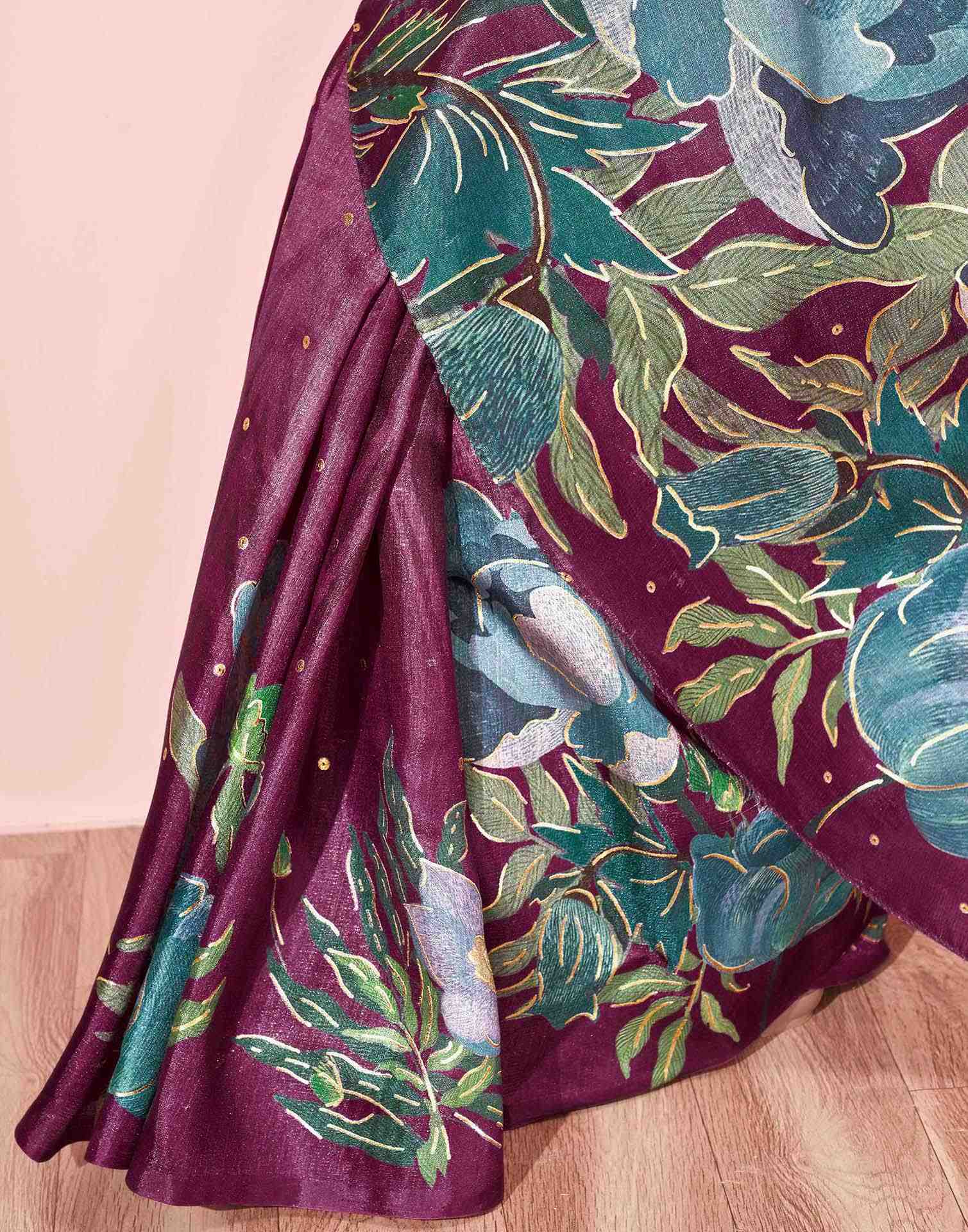 Ready To Wear Dark Magenta Silk Foil Printed Saree